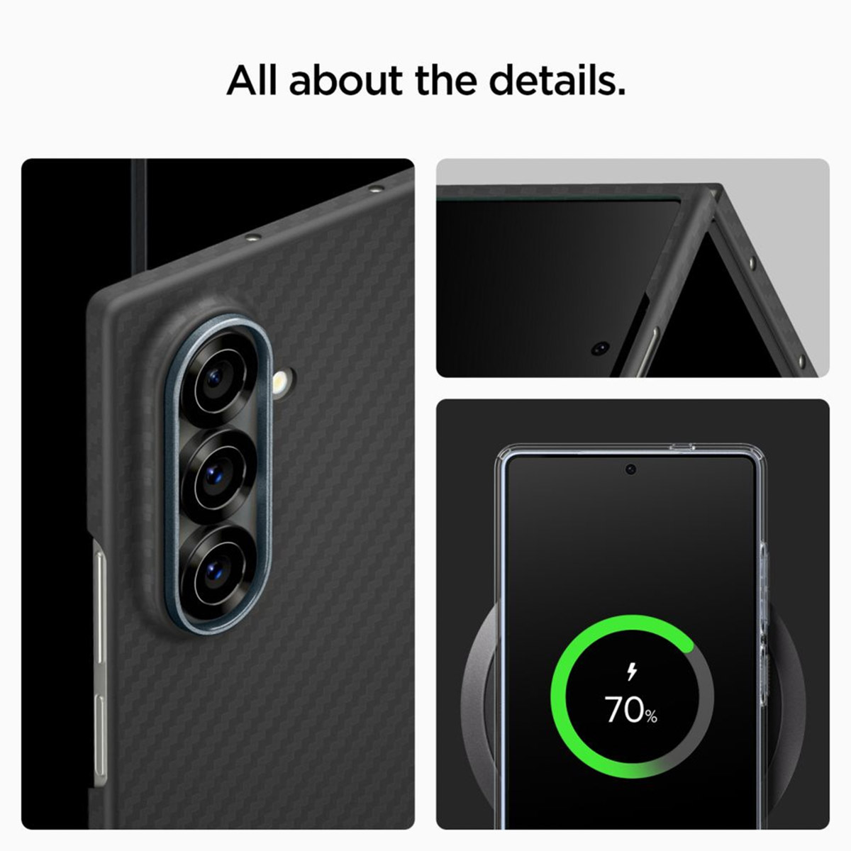 Primi piani di un telefono. I dettagli mostrati includono obiettivi della fotocamera, una custodia e uno schermo di ricarica con il 70% di batteria.