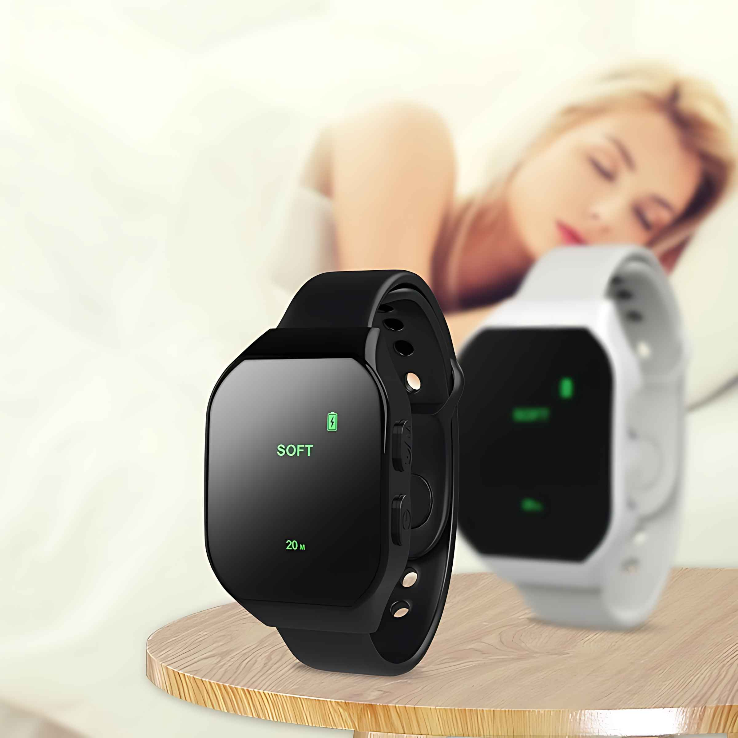 Schwarze und weiße Smartwatches auf Holz. Im Hintergrund schläft eine verschwommene Frau. Die Uhren zeigen 'SOFT'.