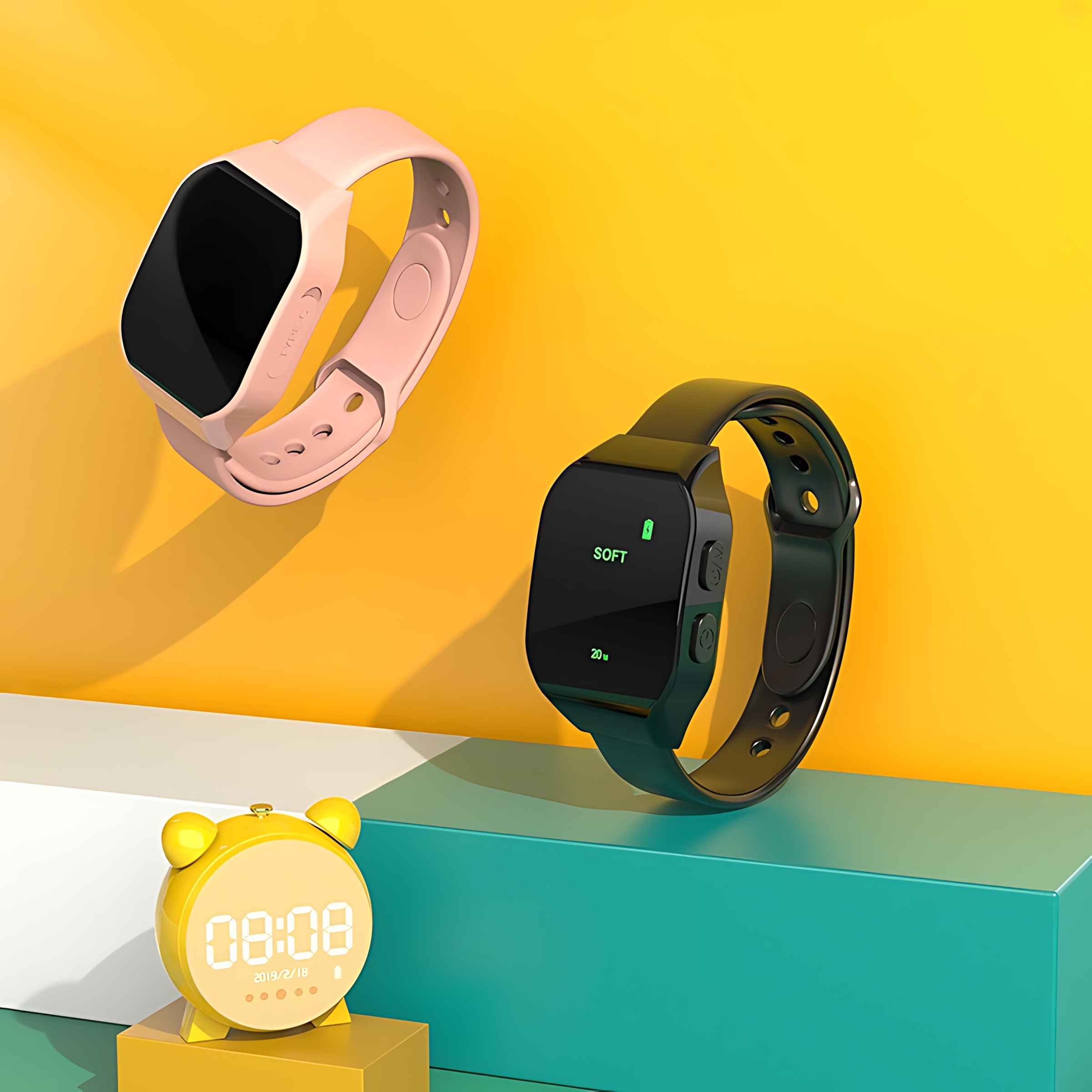 Rosa und schwarze Smartwatches und ein gelber Wecker auf gelbem und blaugrünem Hintergrund.