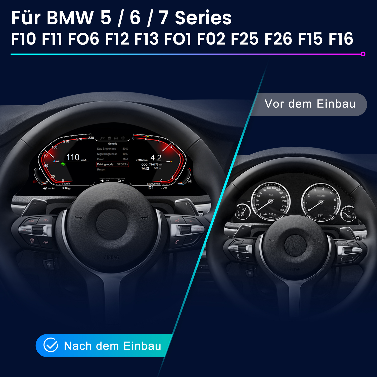 Vergleich zweier BMW-Autotafeln. Eine zeigt 110 km/h, die andere 513 km. Beide haben Tachometer und Lenkräder.