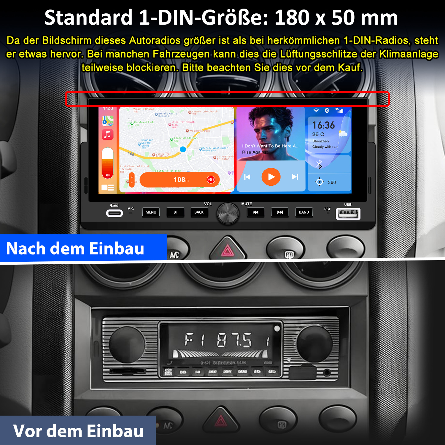 Autoradio-Bildschirm mit Karte und Musikbedienung. Darunter das alte Radio-Design. Text: Vor dem Einbau, Nach dem Einbau.