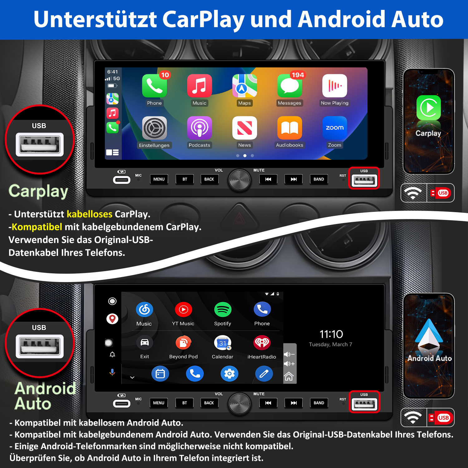 Autoradio-Bildschirm mit CarPlay- und Android Auto-Oberflächen, mit USB-Anschlüssen und Telefonsymbolen. Text auf Deutsch.