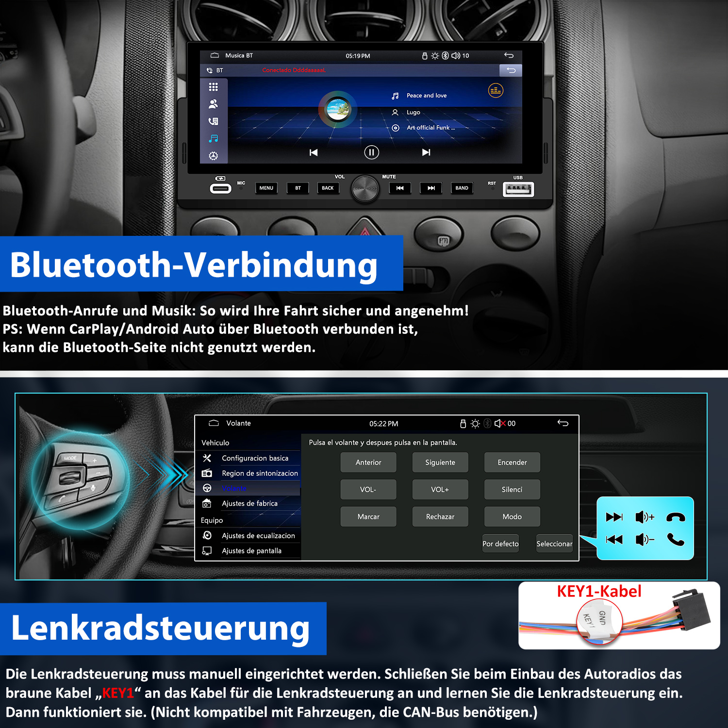 Autoradio mit Bluetooth-Verbindungsanweisungen. Enthält Bilder von Autosteuerungen und Lenkradverkabelung.