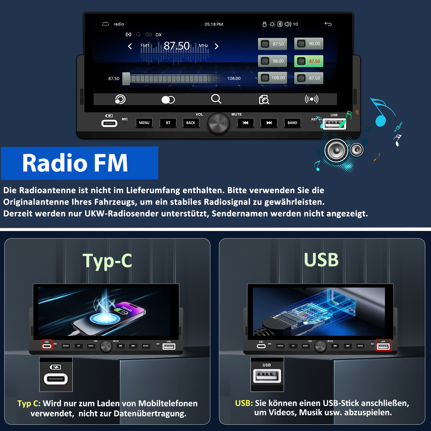 Autoradio-Schnittstelle, FM-Radio mit Frequenzanzeige, USB/Typ-C-Anschlüsse zum Laden und Medienwiedergabe.