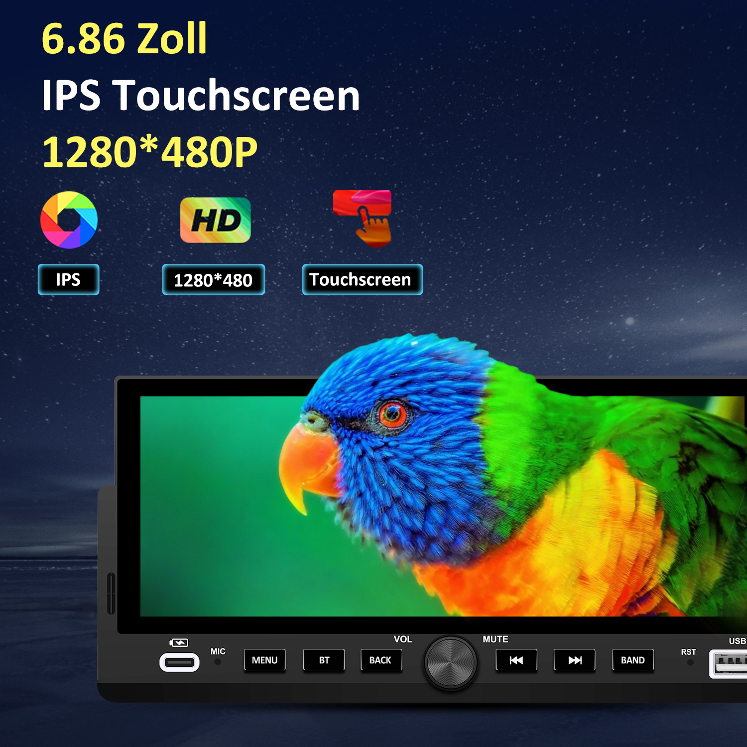 Radio samochodowe z papugą na ekranie. Tekst: '6.86 Zoll IPS Touchscreen 1280*480P', przyciski funkcji.