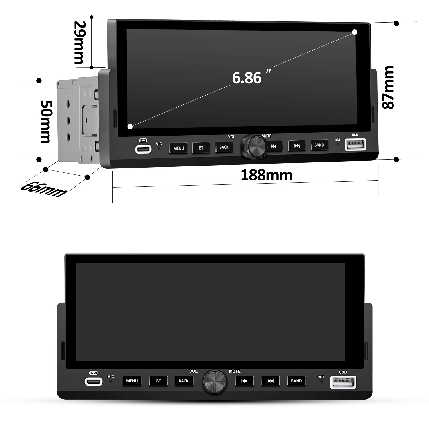 Czarny radioodtwarzacz samochodowy z ekranem dotykowym, przyciskami i portem USB. Wymiary podano w mm i calach.