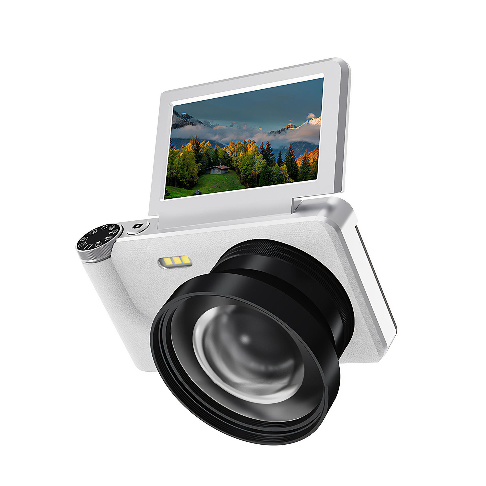 Weiße Digitalkamera mit schwarzem Objektiv. Der Bildschirm zeigt eine Landschaft mit Bergen, Bäumen und einem Haus.