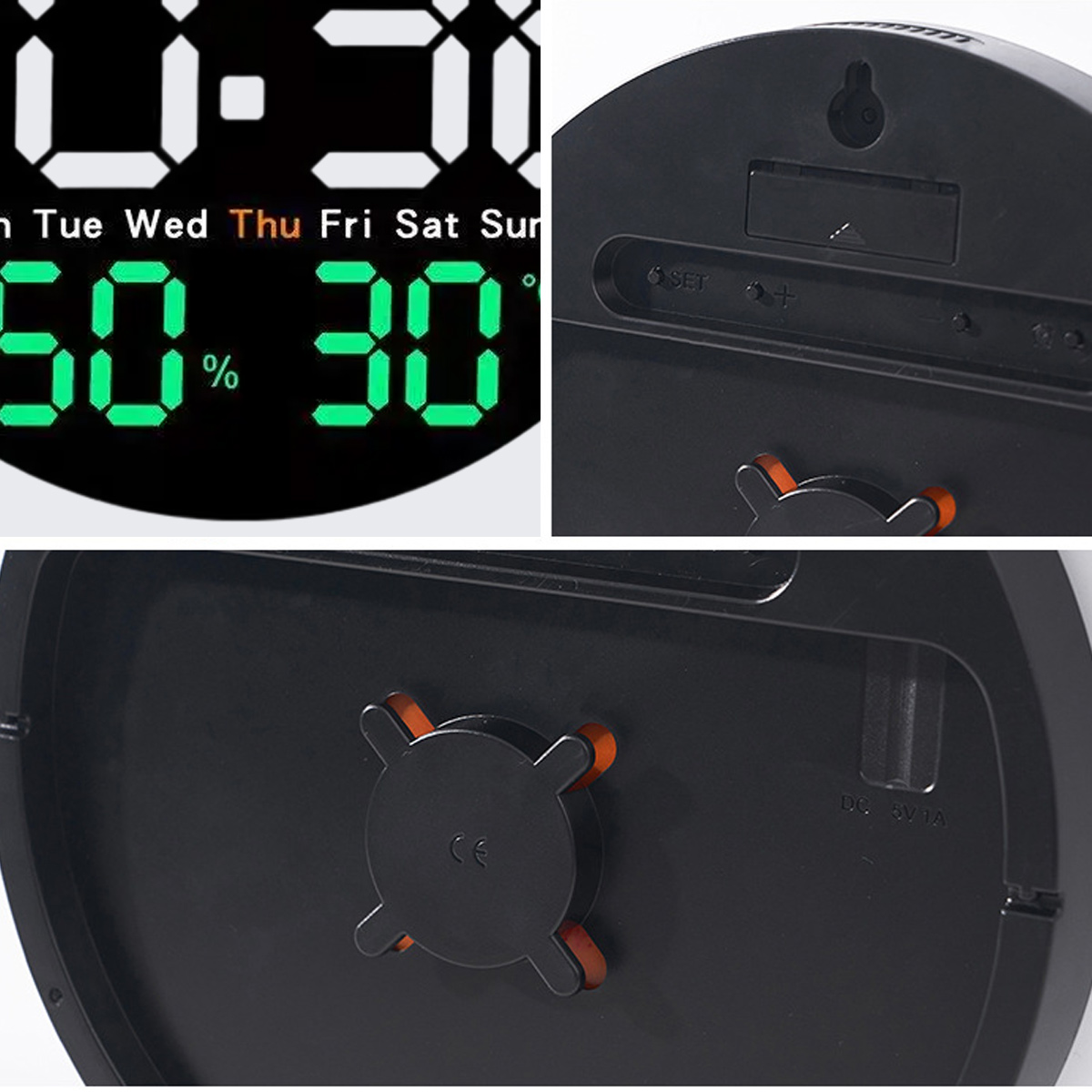 Eine Digitaluhr, die Zeit und Luftfeuchtigkeit anzeigt. Die Uhr hat einen schwarzen Rahmen mit orangefarbenen Akzenten und verschiedenen Knöpfen auf der Rückseite.