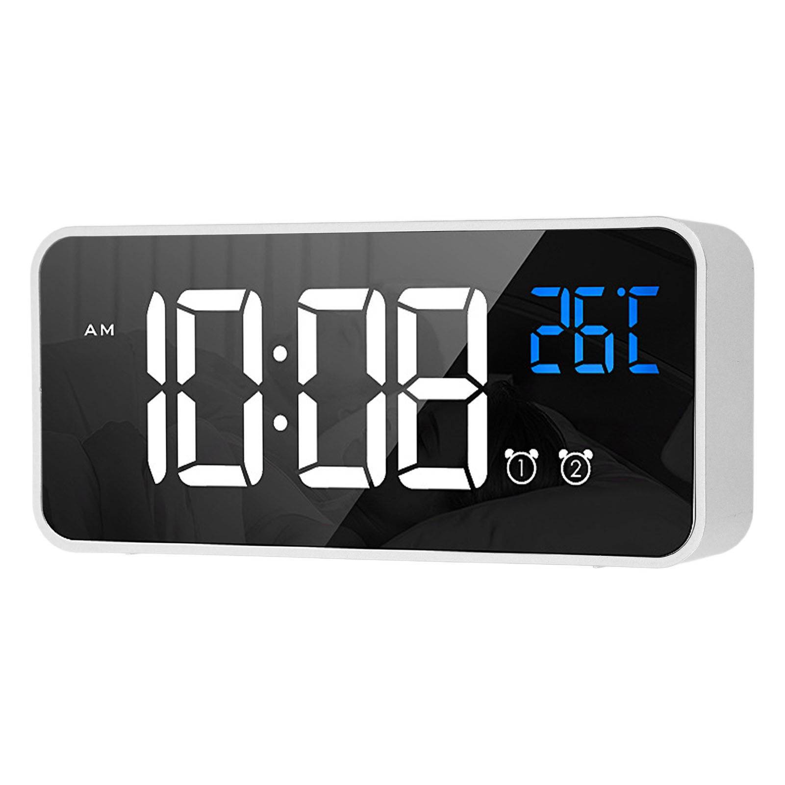 Digitaler Wecker mit Anzeige 10:08 und 26C. Die Zeit ist weiß, die Temperatur blau. AM wird angezeigt. Zwei Wecker-Symbole vorhanden.