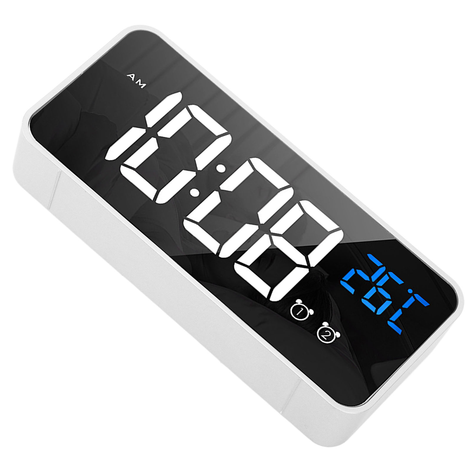 Ein digitaler Wecker mit der Anzeige 10:08 Uhr und 26,1 Grad Celsius. Die Uhr hat einen weißen Rahmen und einen schwarzen Bildschirm.