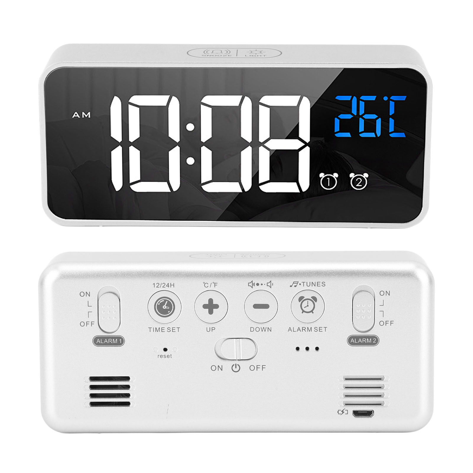 Ein weißer digitaler Wecker zeigt 10:08 und 26C an. Die Uhr hat Tasten zum Einstellen von Zeit und Alarmen sowie einen Lautsprecher.