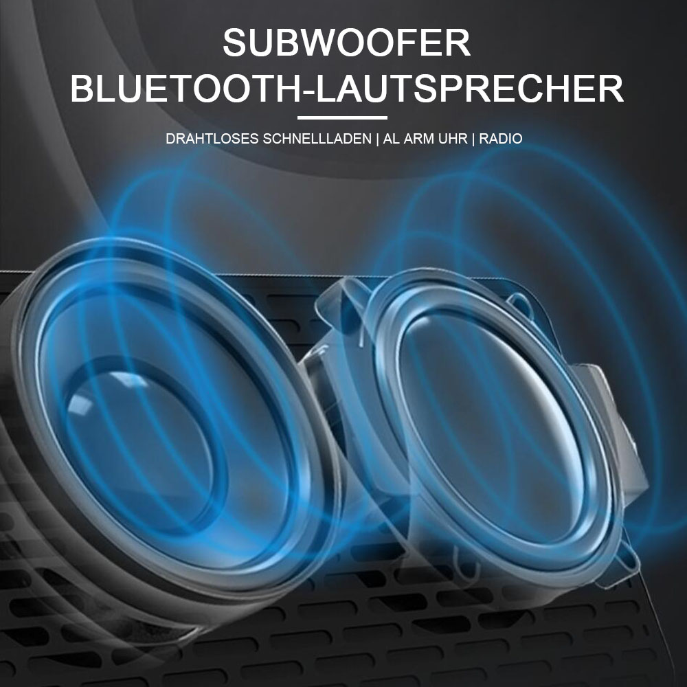 Nahaufnahme eines schwarzen Subwoofers mit zwei Lautsprecherkegeln. Blaue Schallwellen gehen von den Lautsprechern aus.