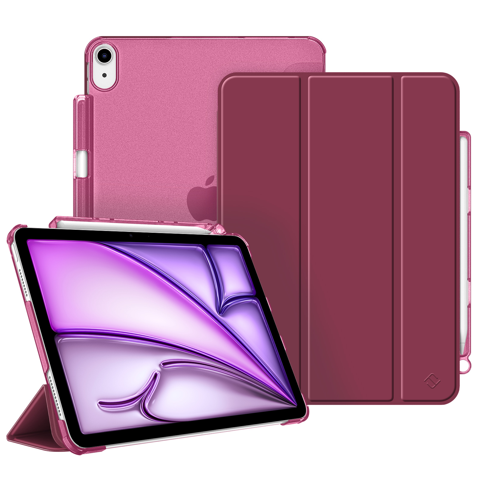 Rosa iPad mit Stift, in einer Hülle. Eine zweite Hülle und ein iPad befinden sich im Hintergrund. Der Bildschirm zeigt ein lila Design.