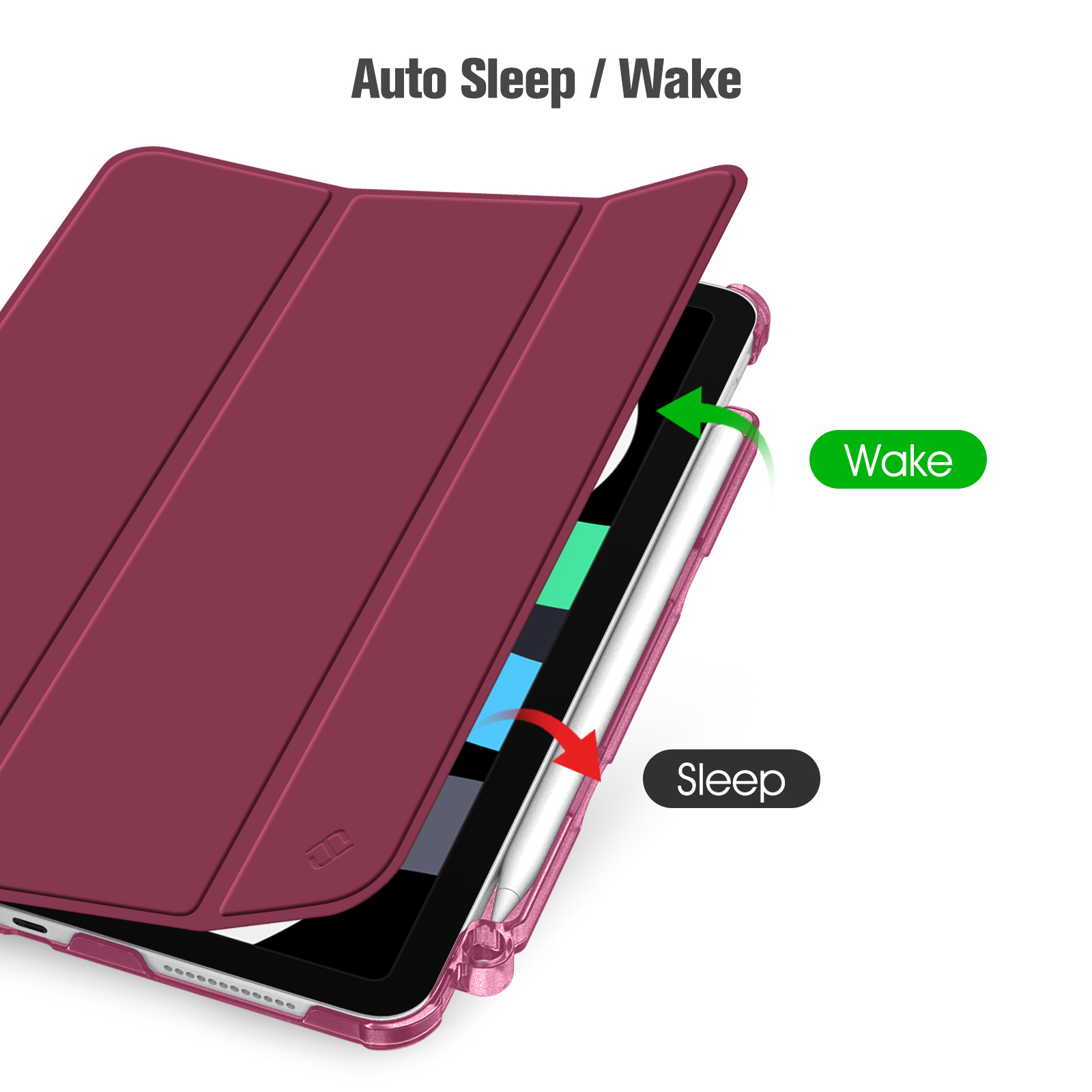 Eine Tablet-Hülle mit burgunderfarbener Abdeckung. Pfeile zeigen die Schlaf-/Weckfunktion an. Text: 'Auto Sleep/Wake'.