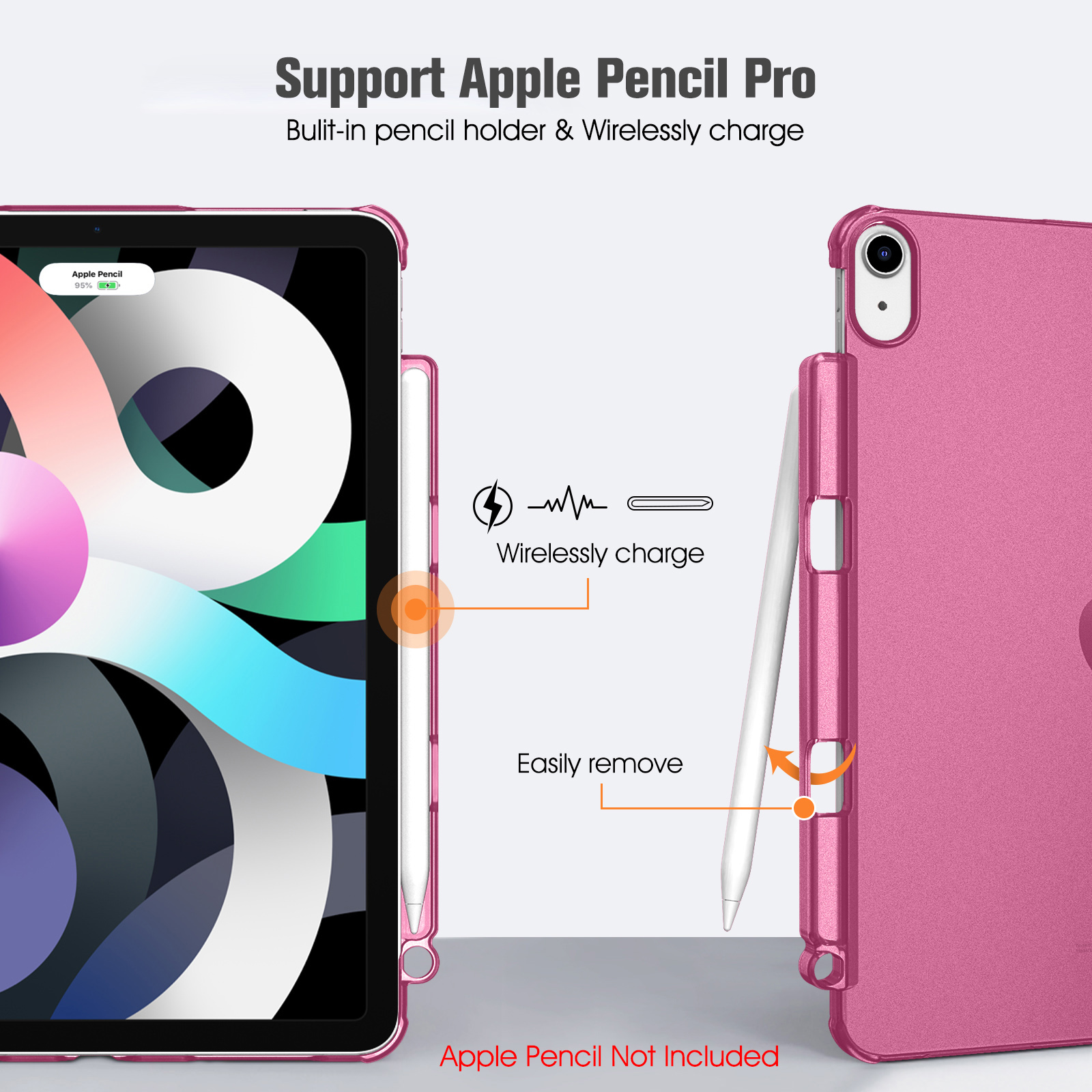 Ein iPad in einer rosa Hülle mit einem Apple Pencil. Text: Unterstützt Apple Pencil Pro. Merkmale: kabelloses Laden und einfaches Entfernen.