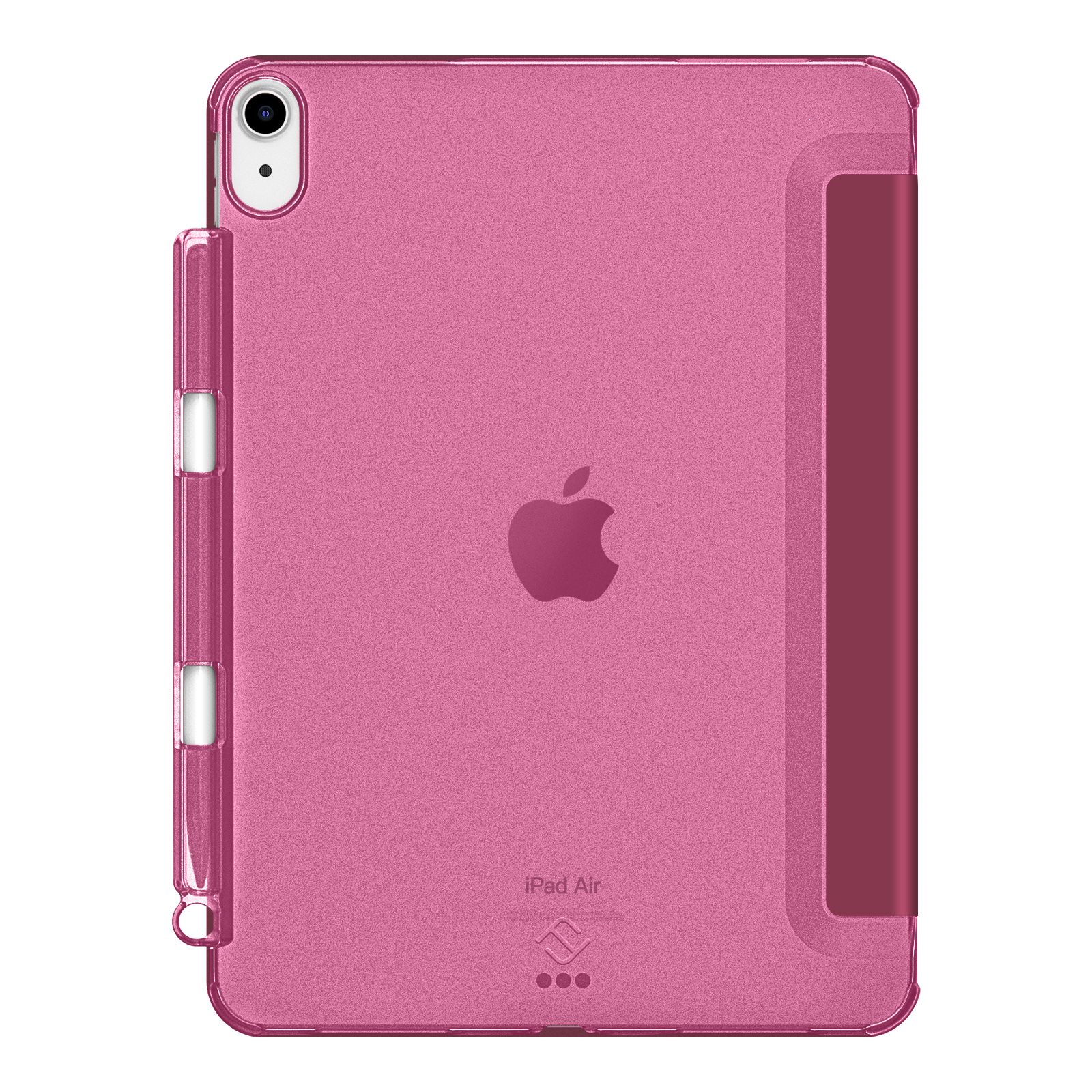 Ein pinkfarbenes iPad Air in einer passenden Hülle mit integriertem Stifthalter. Das Apple-Logo ist sichtbar. Die Hülle scheint transparent zu sein.