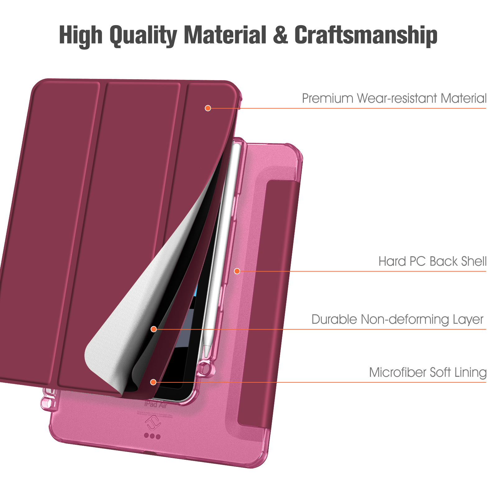 Eine rote iPad-Hülle zeigt ihre Schichten: abriebfestes Material, harte PC-Rückschale und Mikrofaserfutter.