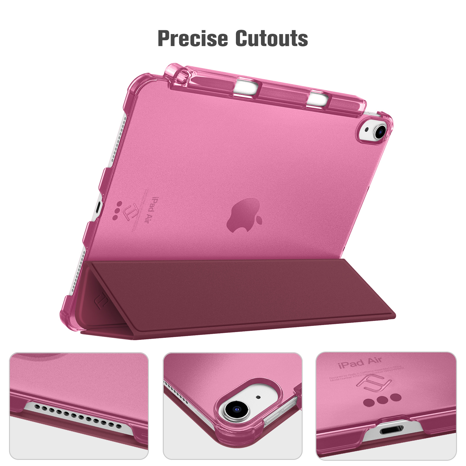 Rosa iPad Air in einer transparenten Hülle mit burgunderroter Abdeckung. Präzise Ausschnitte sind gezeigt. Das iPad ist auf weißem Hintergrund.