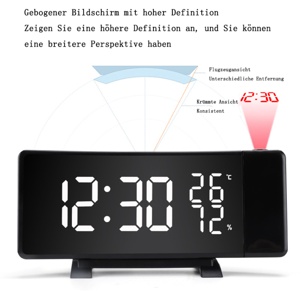 Digitaler Wecker mit 12:30 Anzeige. Zeigt Temperatur und Luftfeuchtigkeit. Rote Projektion zeigt die Zeit. Schwarze Basis.