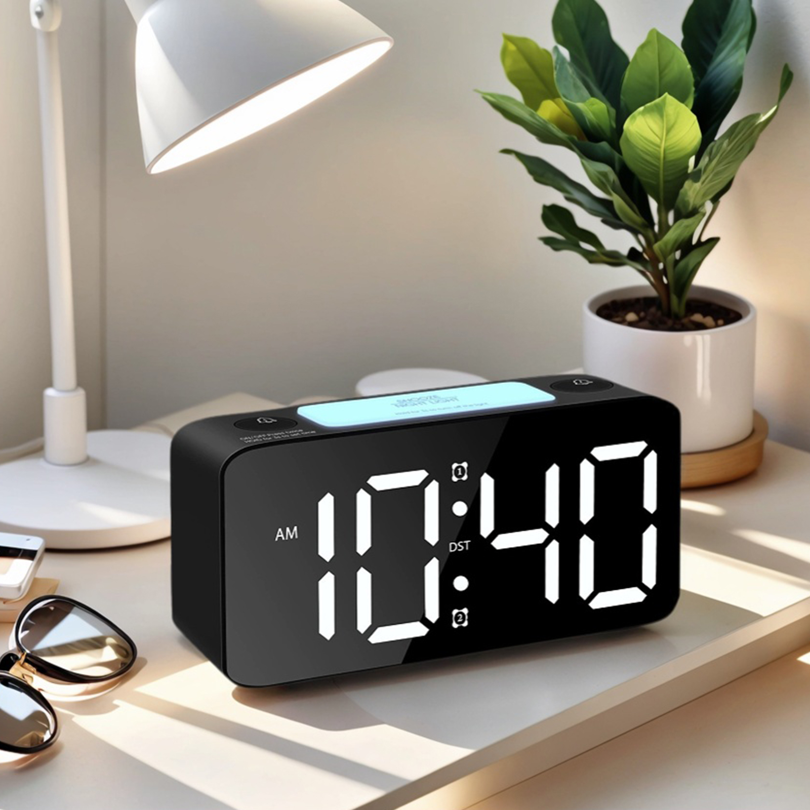 Eine Digitaluhr zeigt 10:40 Uhr an. Eine weiße Lampe und eine grüne Pflanze stehen auf dem Tisch. Auch eine Sonnenbrille ist vorhanden.