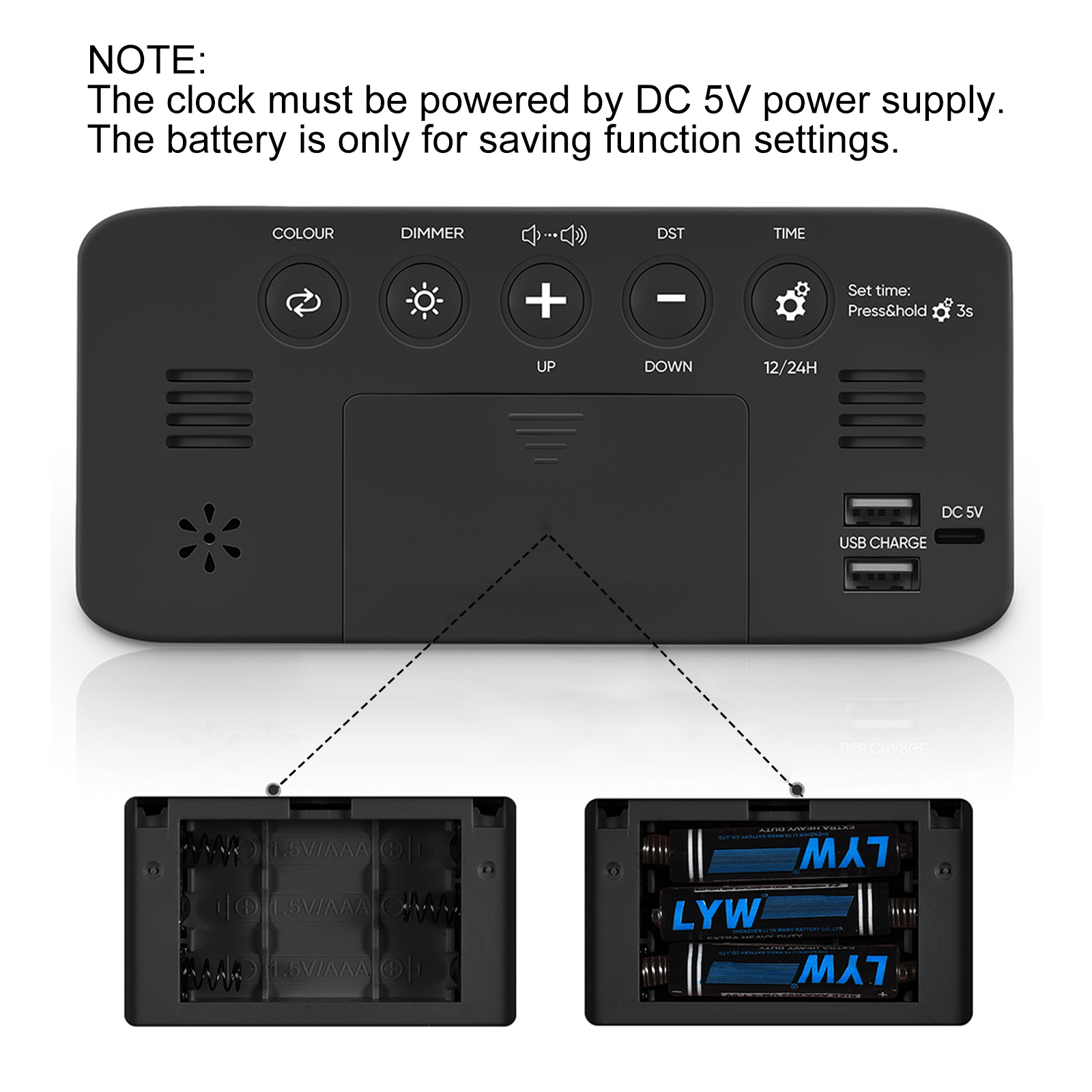 Schwarze Digitaluhr mit Knöpfen und zwei Batteriefächern. Eines leer, das andere mit Batterien gefüllt.