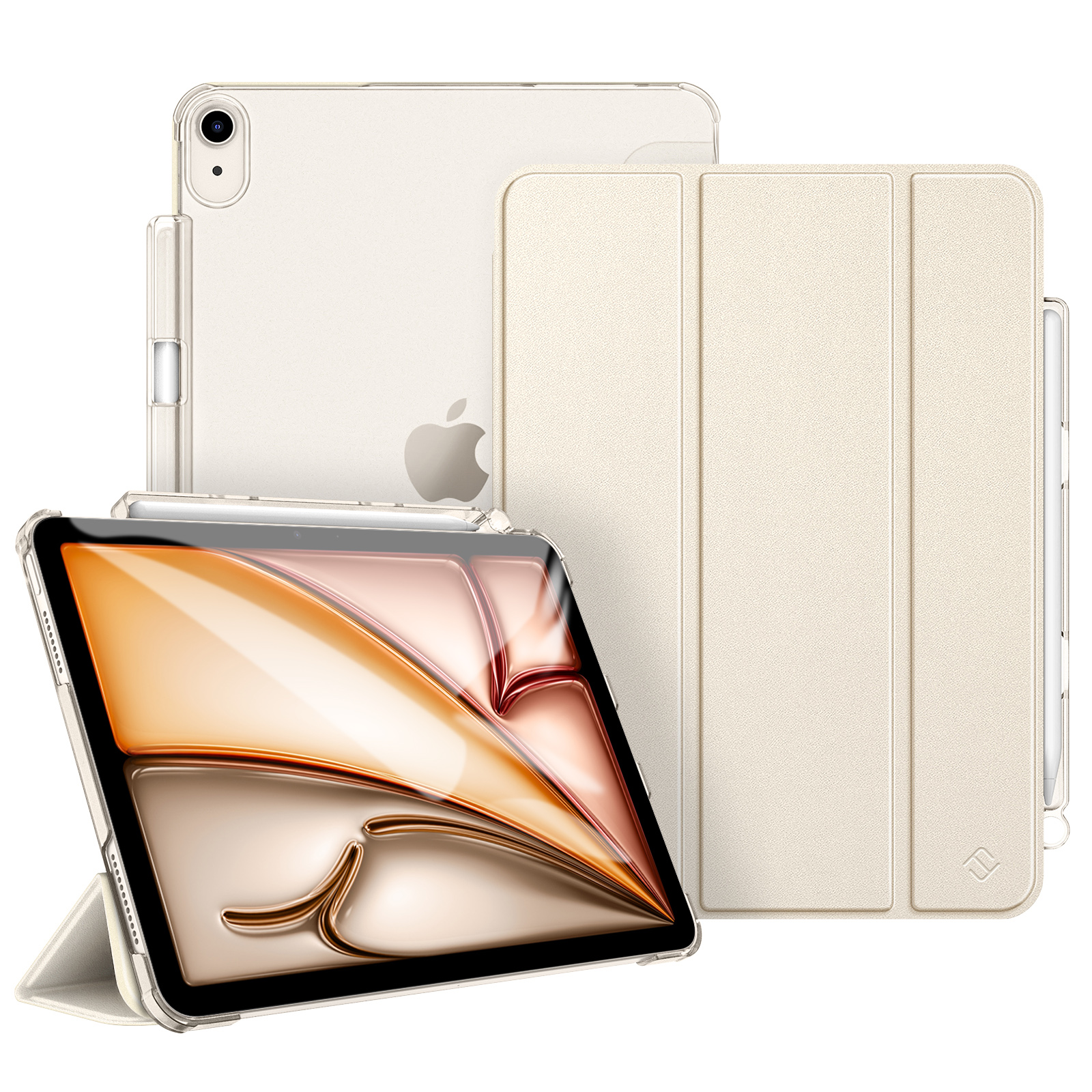Ein iPad mit cremefarbenem und transparentem Gehäuse, mit einem Stift an der Seite. Der Bildschirm zeigt ein abstraktes Design.