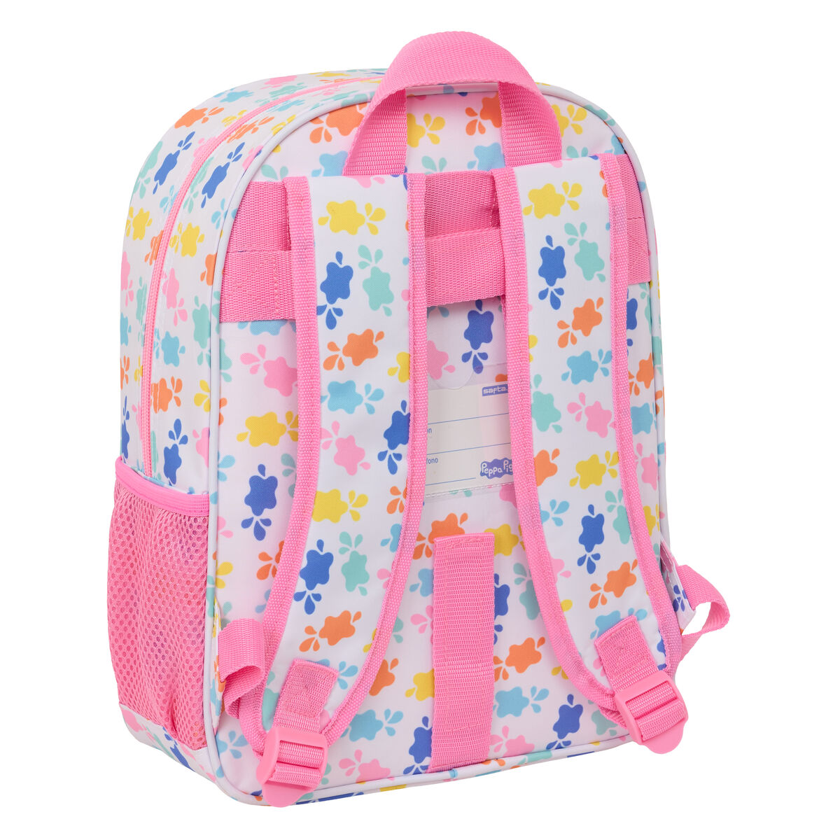 Ein bunter Rucksack mit weißem Grund und Spritzmustern. Rosa Träger und eine Seitentasche sind sichtbar.