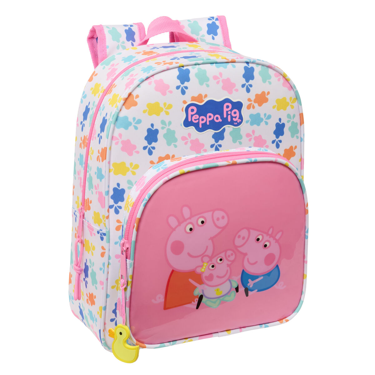 Ein Peppa Wutz Rucksack mit rosa Vordertasche. Er zeigt Peppa Wutz und ihre Familie. Der Hintergrund ist weiß mit bunten Klecksen.