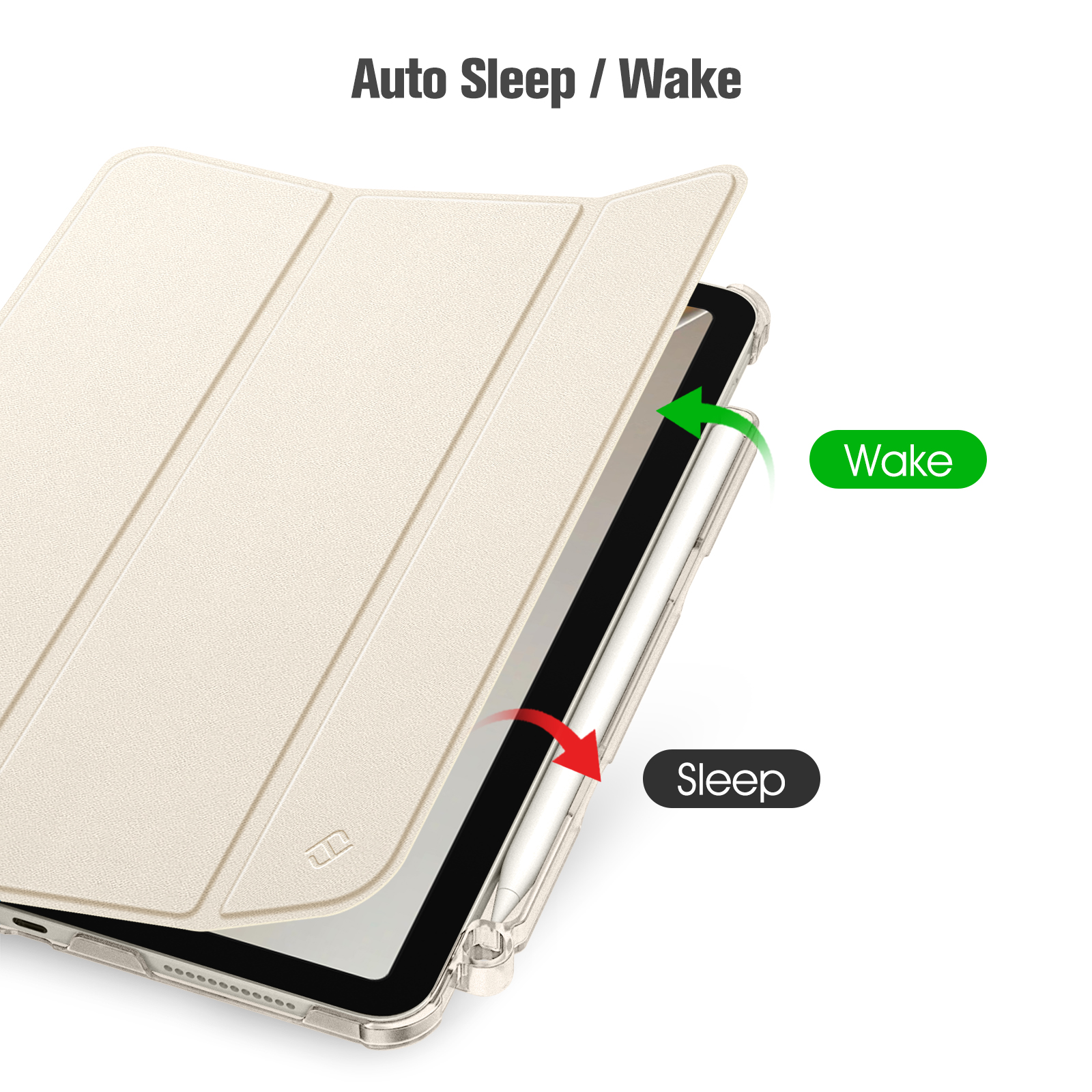 Beige iPad-Hülle mit offenem Deckel, der den Bildschirm, einen Stift und die Beschriftungen 'Wake' und 'Sleep' mit Pfeilen zeigt.