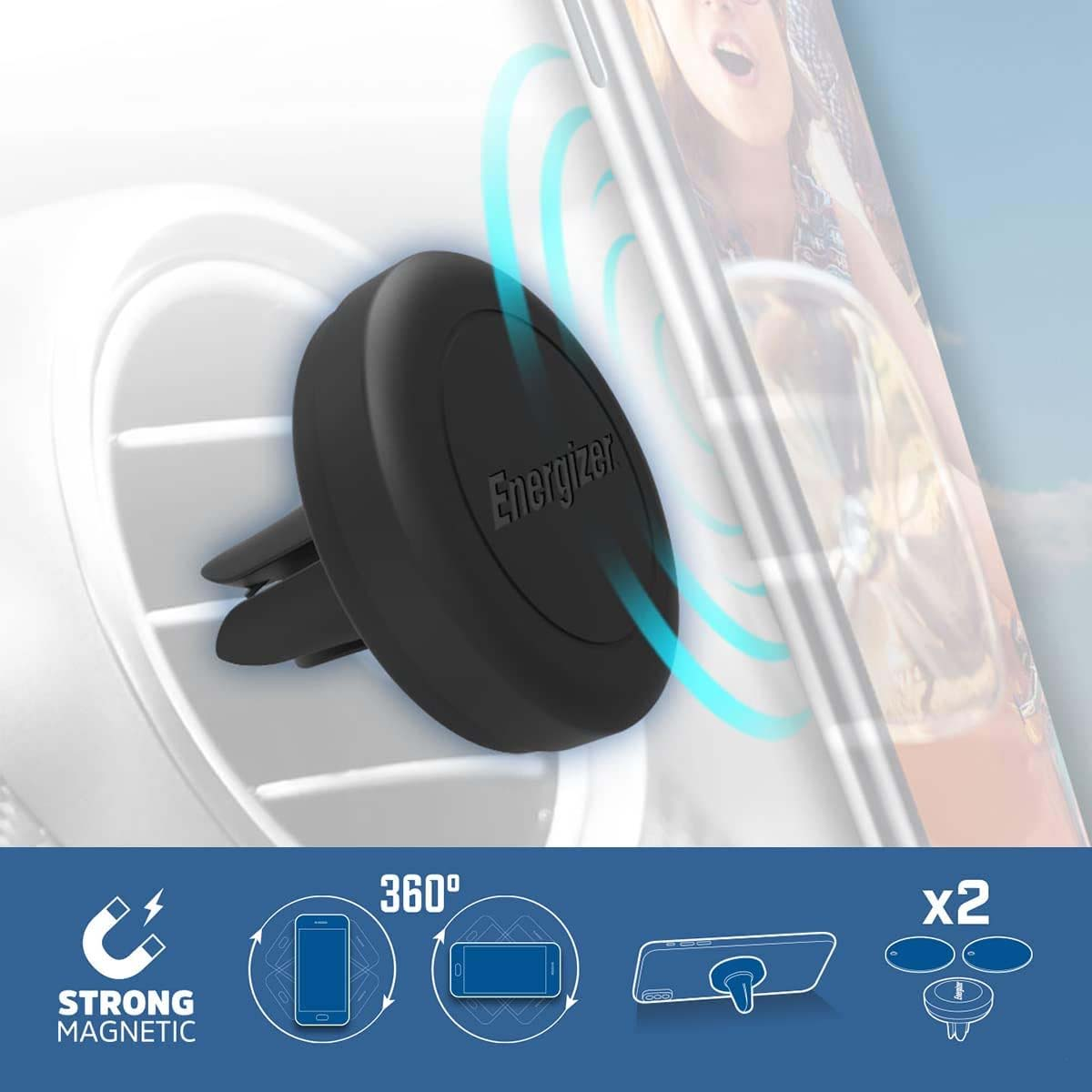 Schwarze Energizer-Autotelefonhalterung. Die Halterung ist an einer Lüftungsöffnung befestigt. Telefon wird auf der Halterung platziert. Merkmale: stark magnetisch, 360 Grad Drehung.