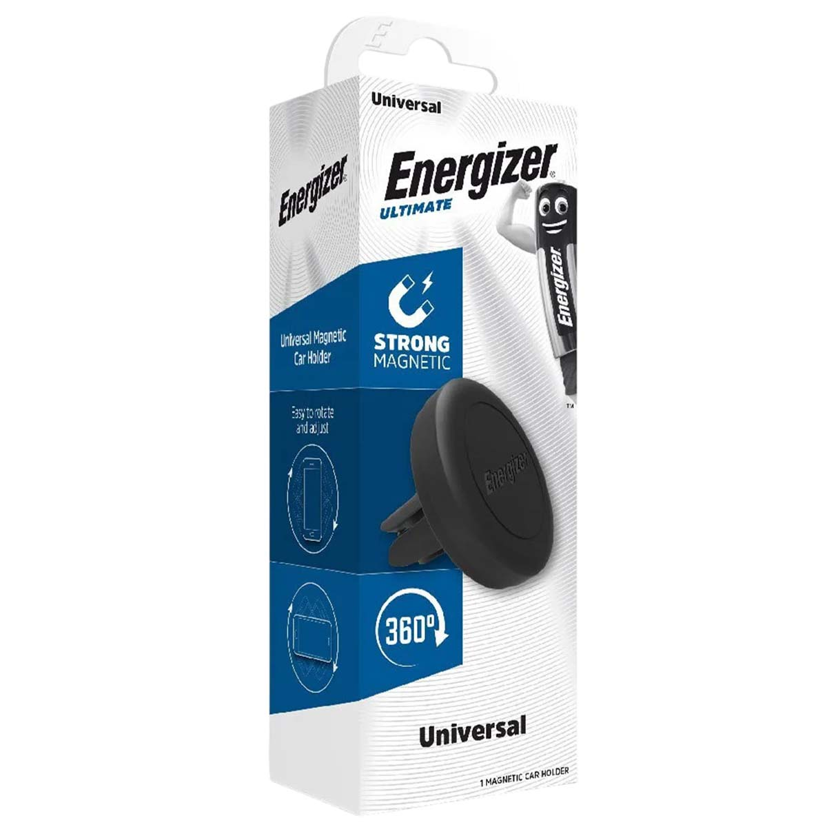 Energizer Ultimate Auto-Telefonhalterung. Schwarzer Halter und Cartoon-Batteriebild, mit Text 'Strong Magnetic' und '360°'.
