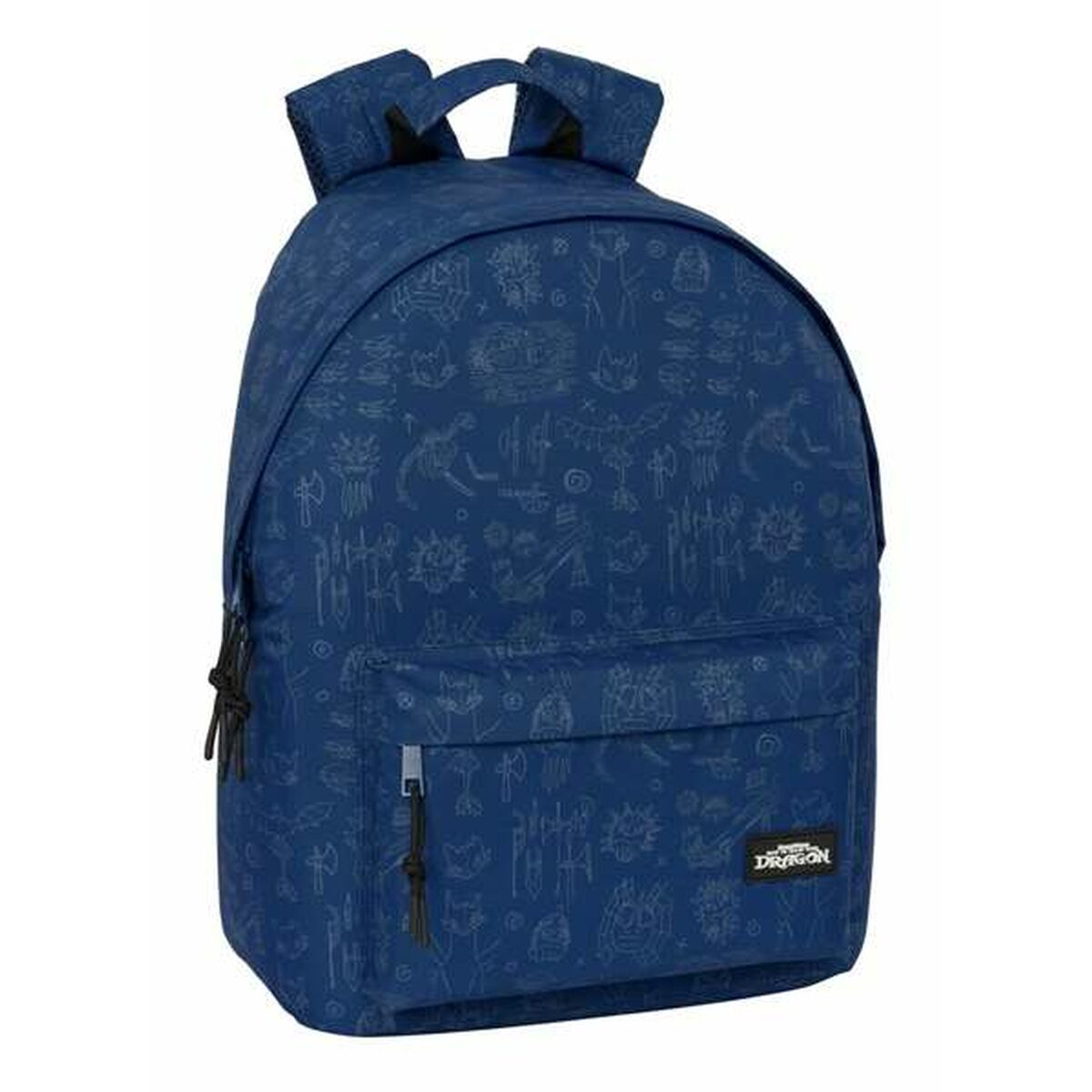 Ein blauer Rucksack mit einem Muster aus Zeichnungen. Er hat eine Vordertasche und das Wort 'DRAGON' ist sichtbar.