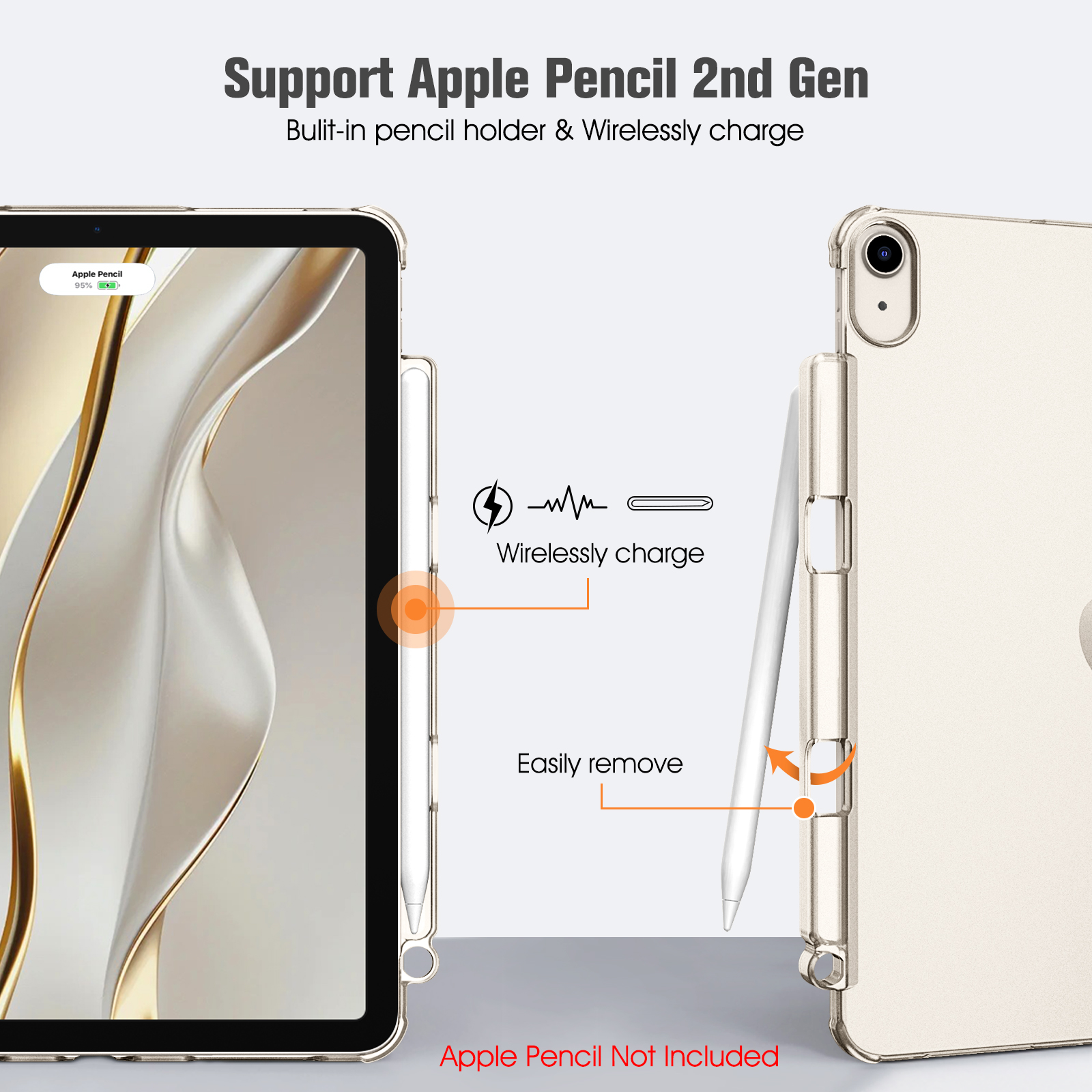 Ein iPad mit Stift in einer Hülle. Text: 'Support Apple Pencil 2nd Gen' und 'Wirelessly charge'.