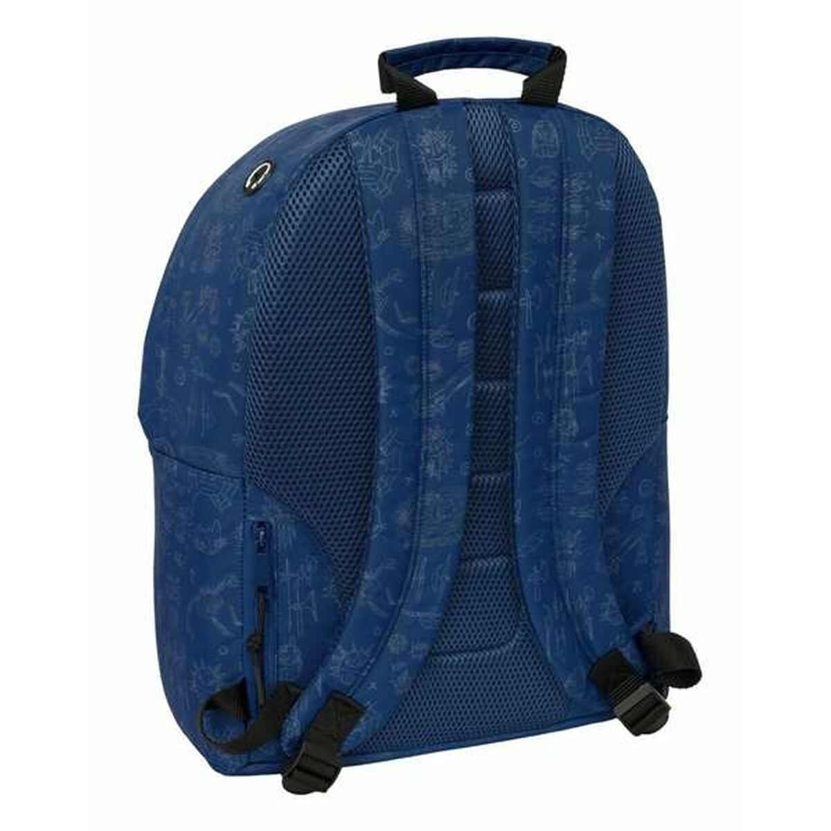 Ein blauer Rucksack mit schwarzen Trägern, Reißverschluss und Griff. Der Rucksack hat eine Netzrückseite und ist mit hellgrauen Zeichnungen gemustert.