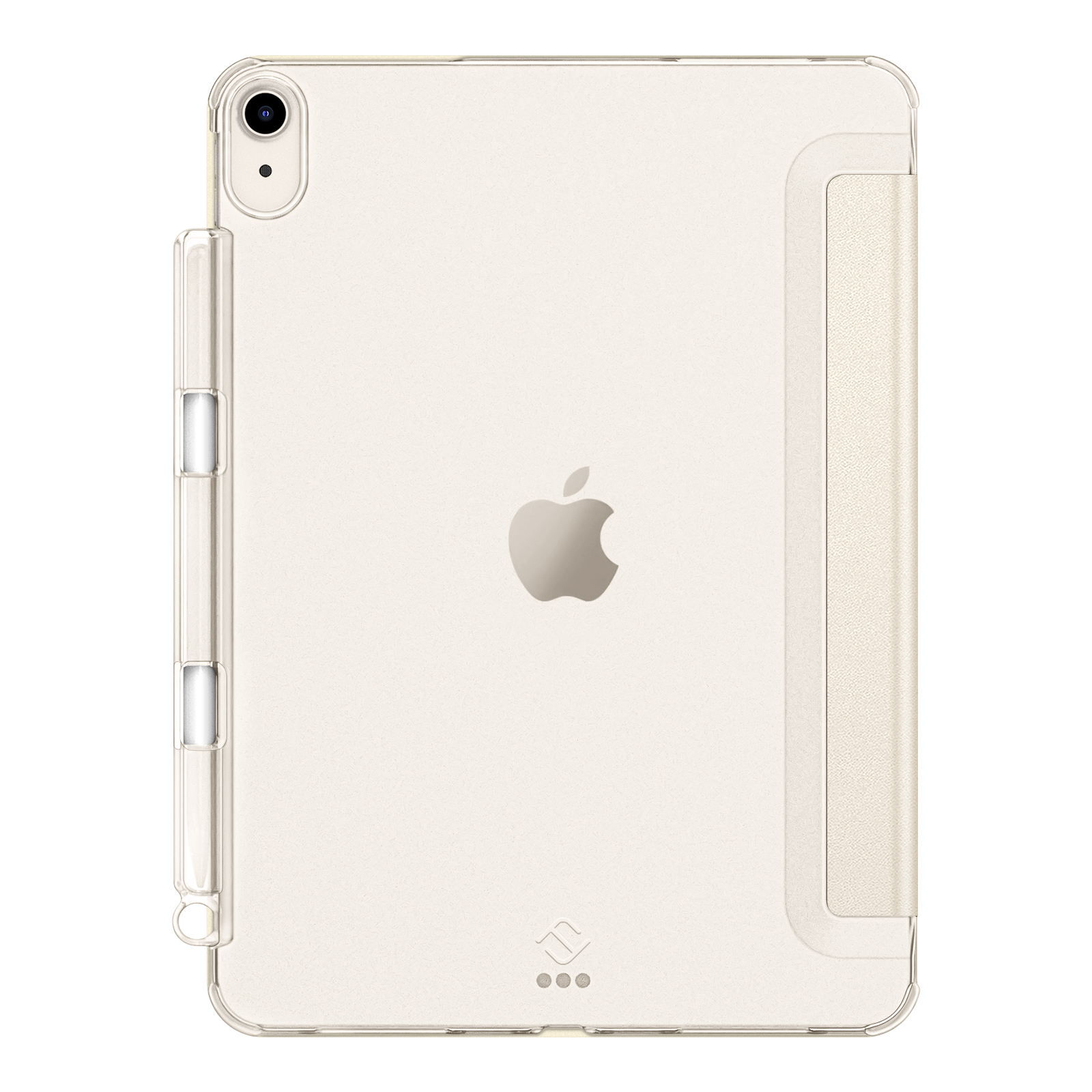 Ein iPad in einer transparenten Hülle mit einer seitlichen Halterung für einen Stift. Das Apple-Logo ist sichtbar. Die Hülle ist cremefarben.