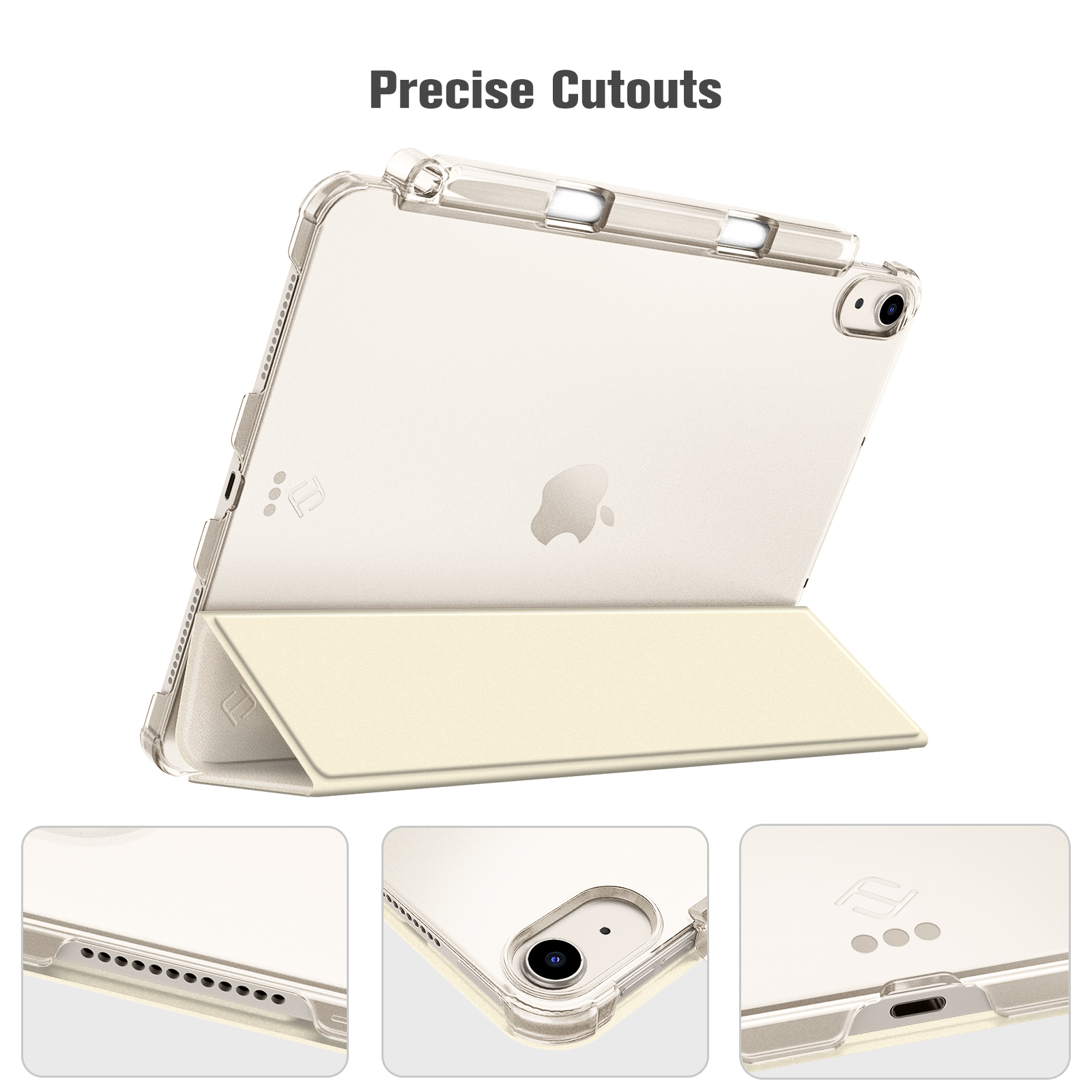 Ein iPad in einer durchsichtigen Hülle, die von einer beigen Abdeckung gestützt wird. Die Hülle hat Aussparungen für Knöpfe und Kamera.