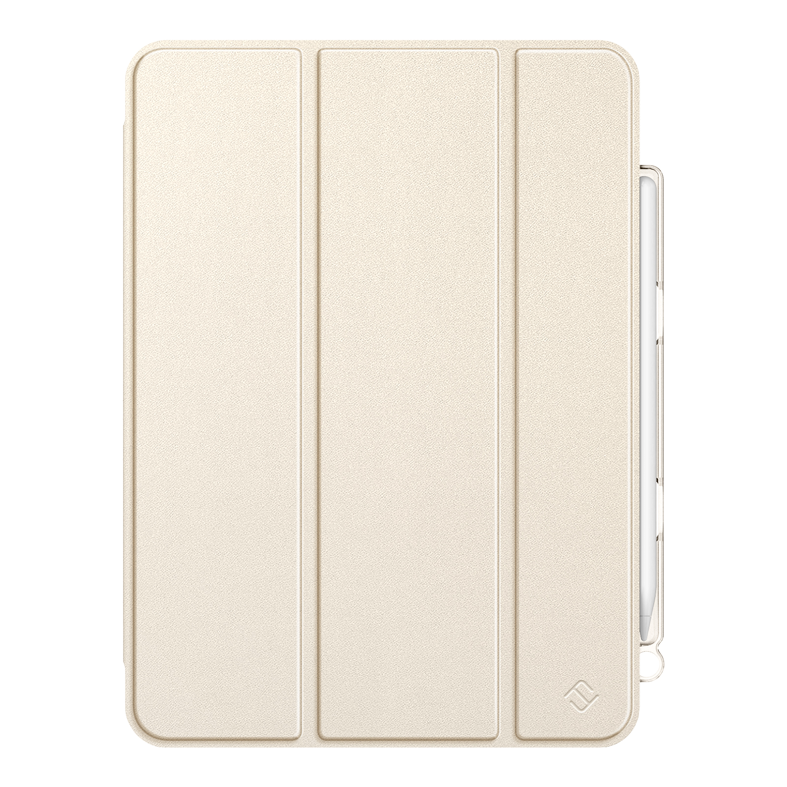 Beige Tablet-Hülle mit Stift. Die Hülle ist geschlossen, hat eine strukturierte Oberfläche und ein Logo in der Ecke.