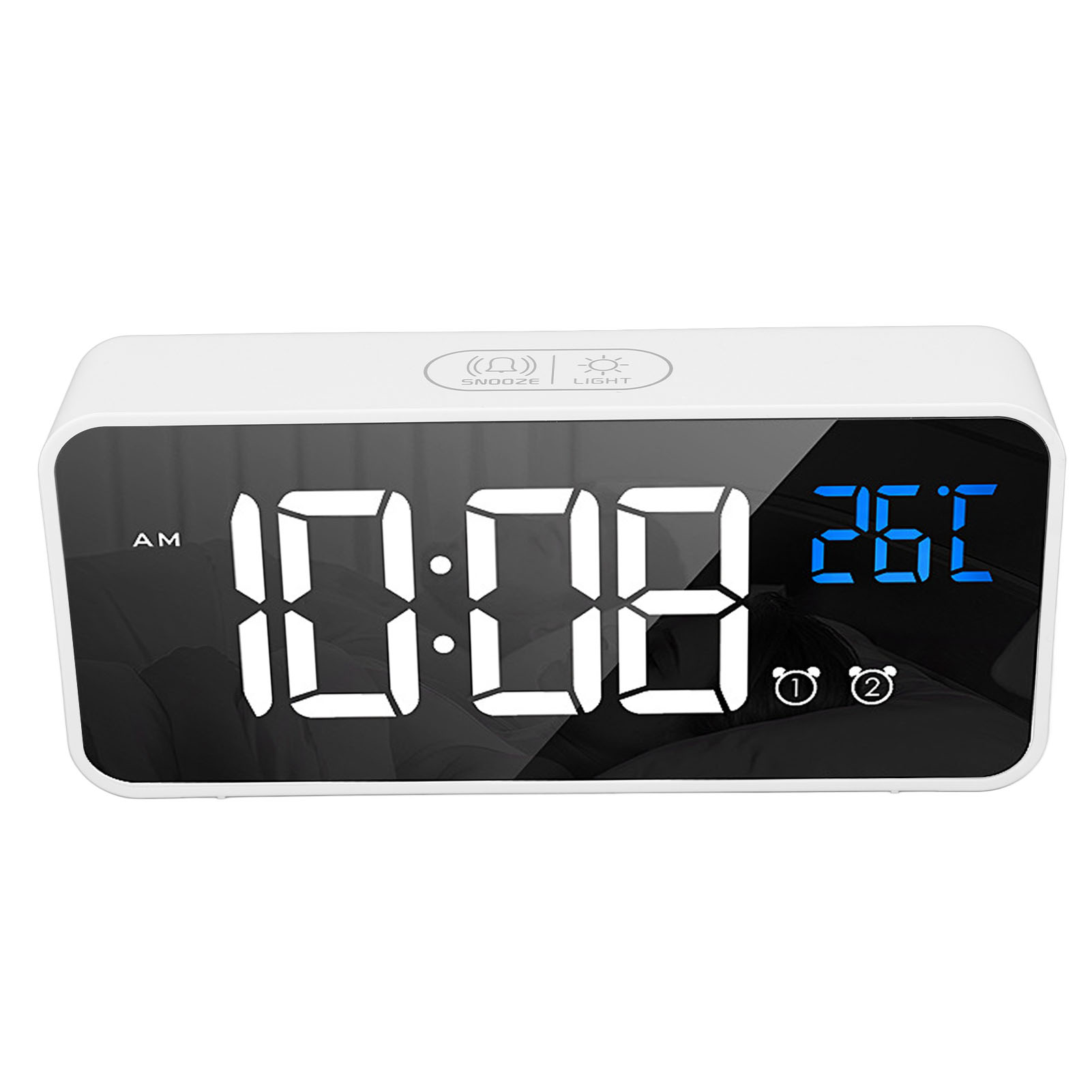 Ein weißer digitaler Wecker zeigt 10:08 Uhr morgens und 26 an. Die Uhr hat Schlummer- und Lichttasten.