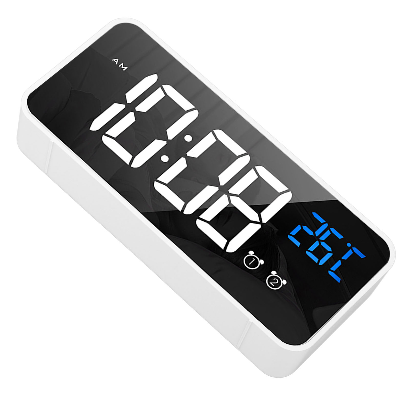 Digitaler Wecker mit Anzeige von 10:08 Uhr und 26,1 Grad. Weißes Gehäuse, schwarzes Display, mit Alarmeinstellungen.