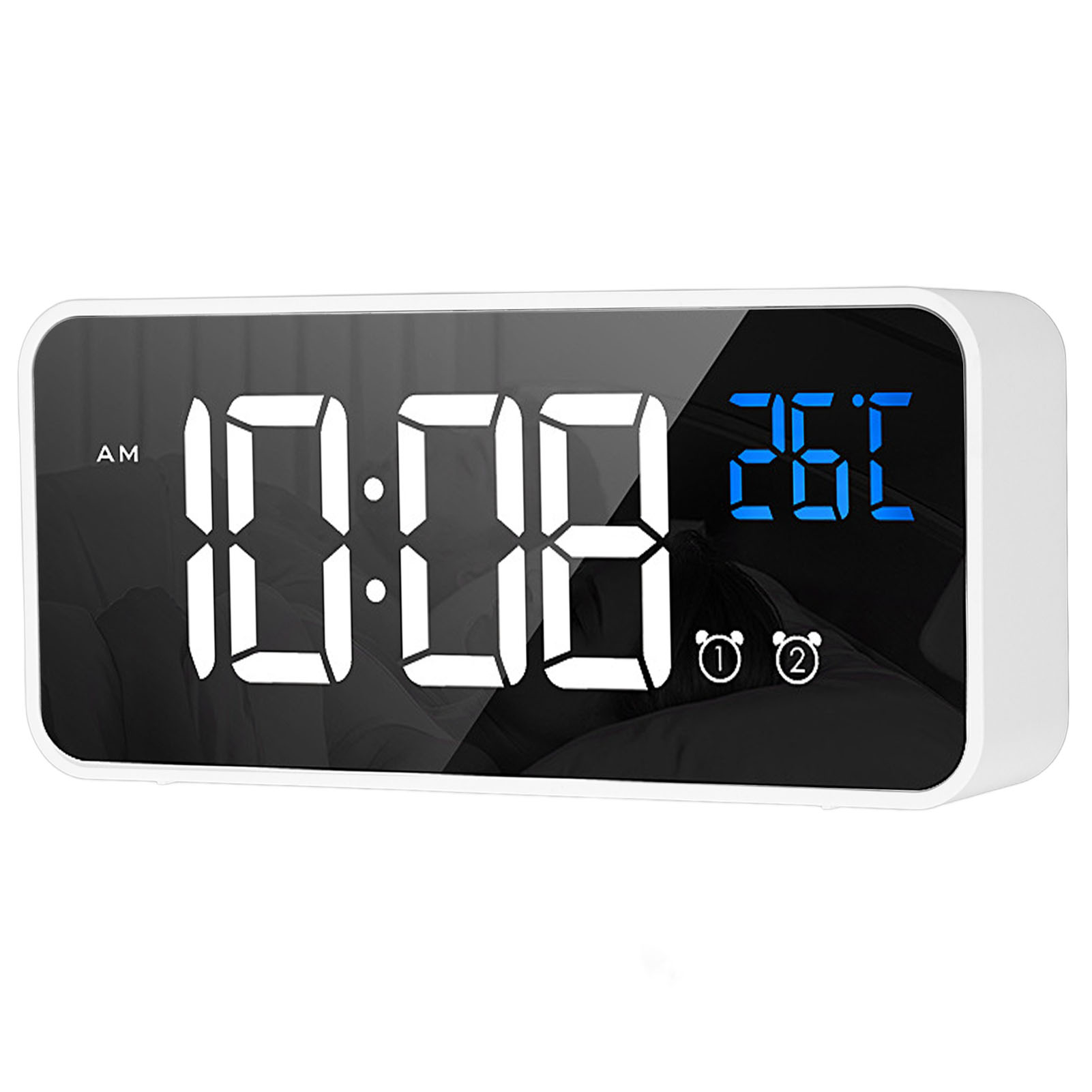 Digitaler Wecker zeigt 10:08 Uhr und 26C. Weißer Rahmen mit schwarzem Hintergrund, zwei Alarmsymbole.