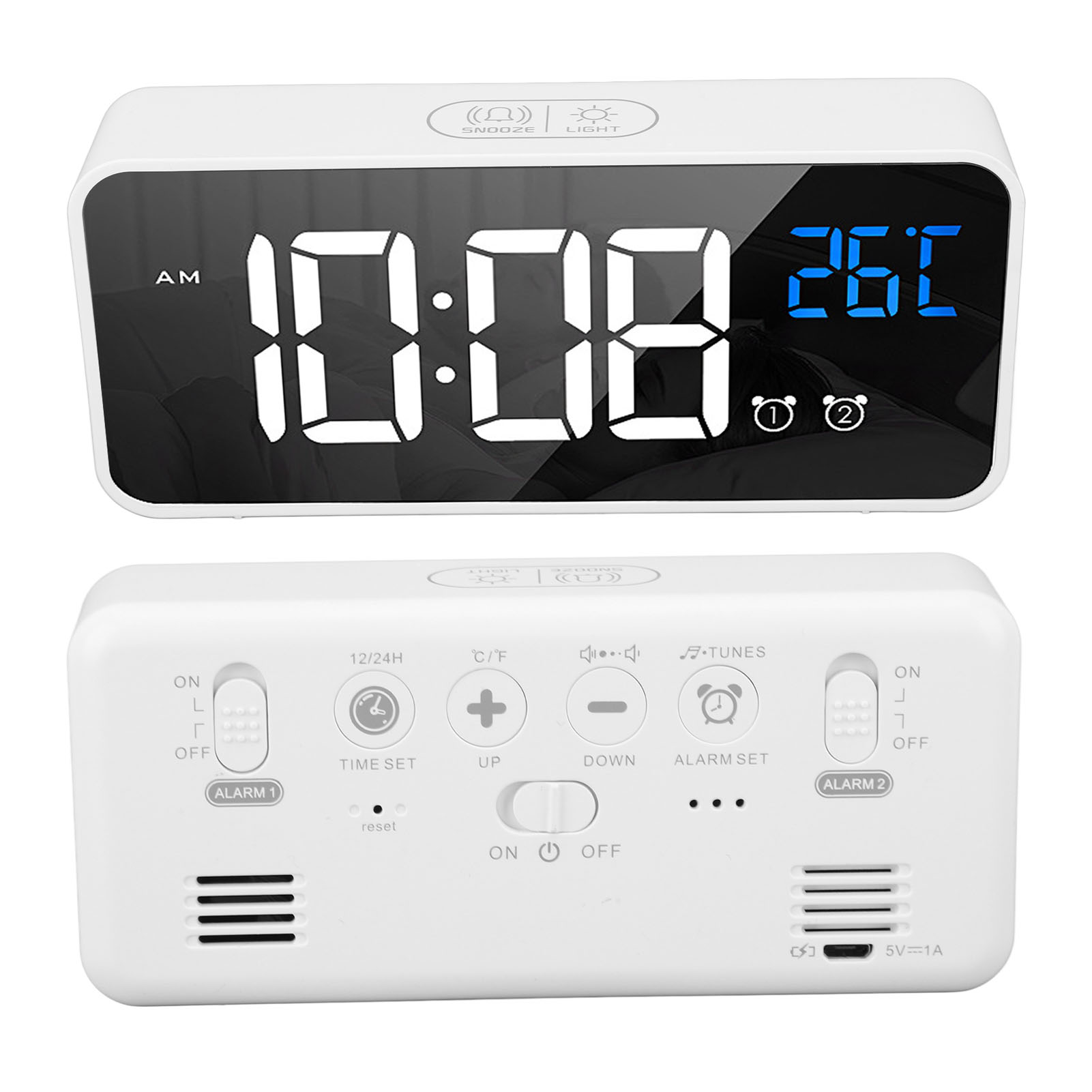 Ein weißer digitaler Wecker zeigt 10:08 und 26°C an. Er hat verschiedene Tasten und Einstellungen für Wecker, Zeit und Licht.