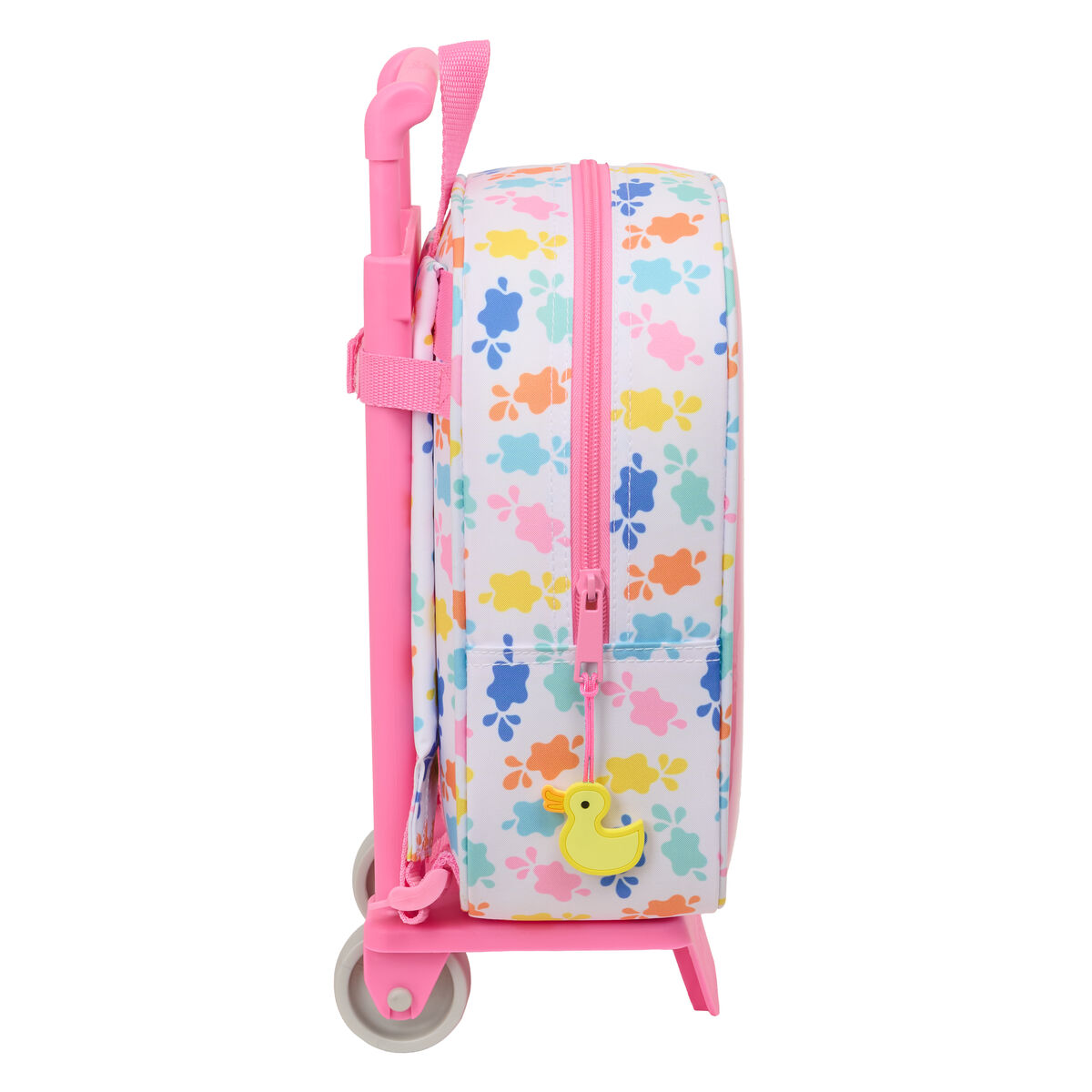 Ein rosa Rollkoffer mit weißem Hintergrund und bunten Klecksen. Er hat einen gelben Enten-Reißverschluss.