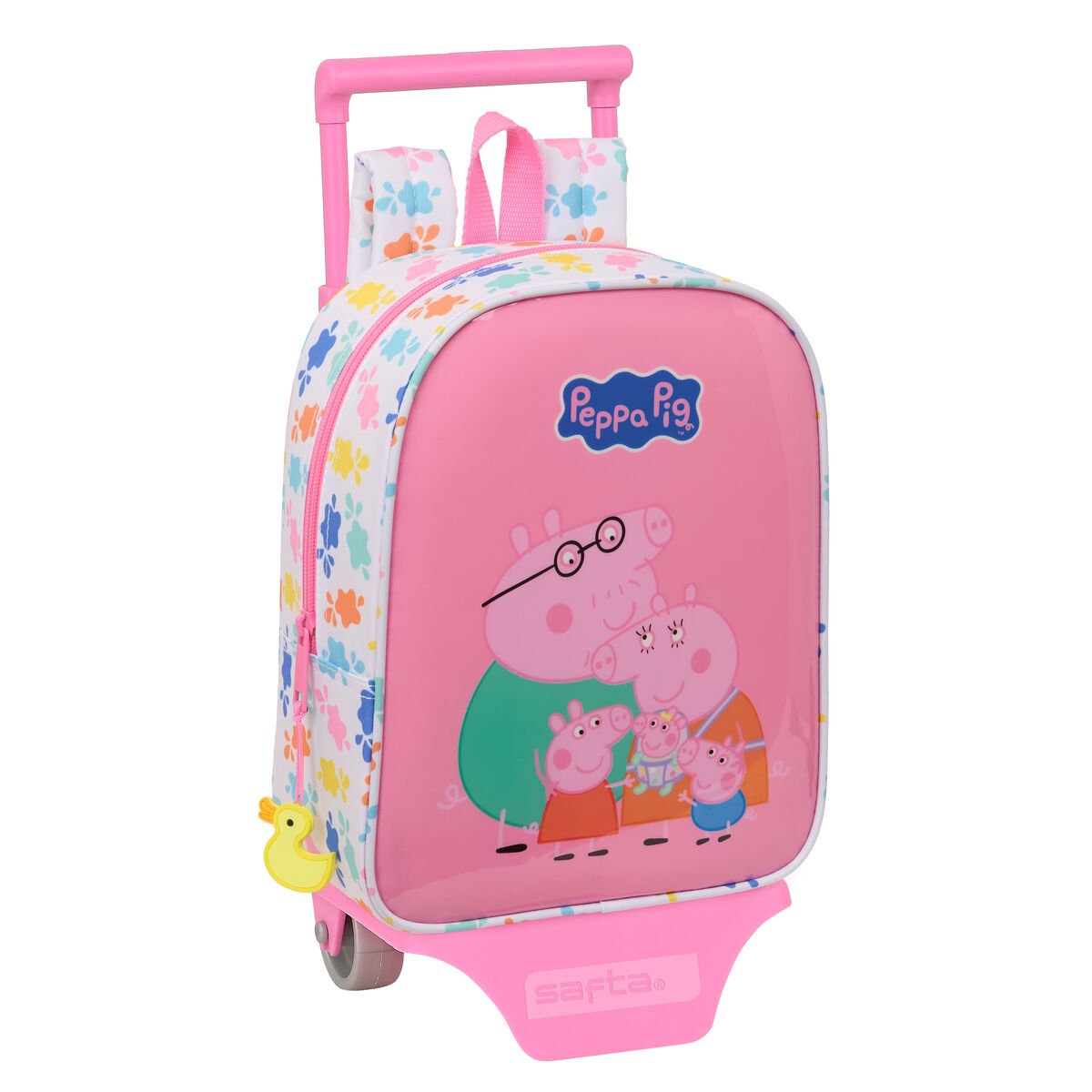 Rosa Peppa Pig Rollkoffer. Er zeigt eine Familienillustration, eine gelbe Ente und Blumenmuster.
