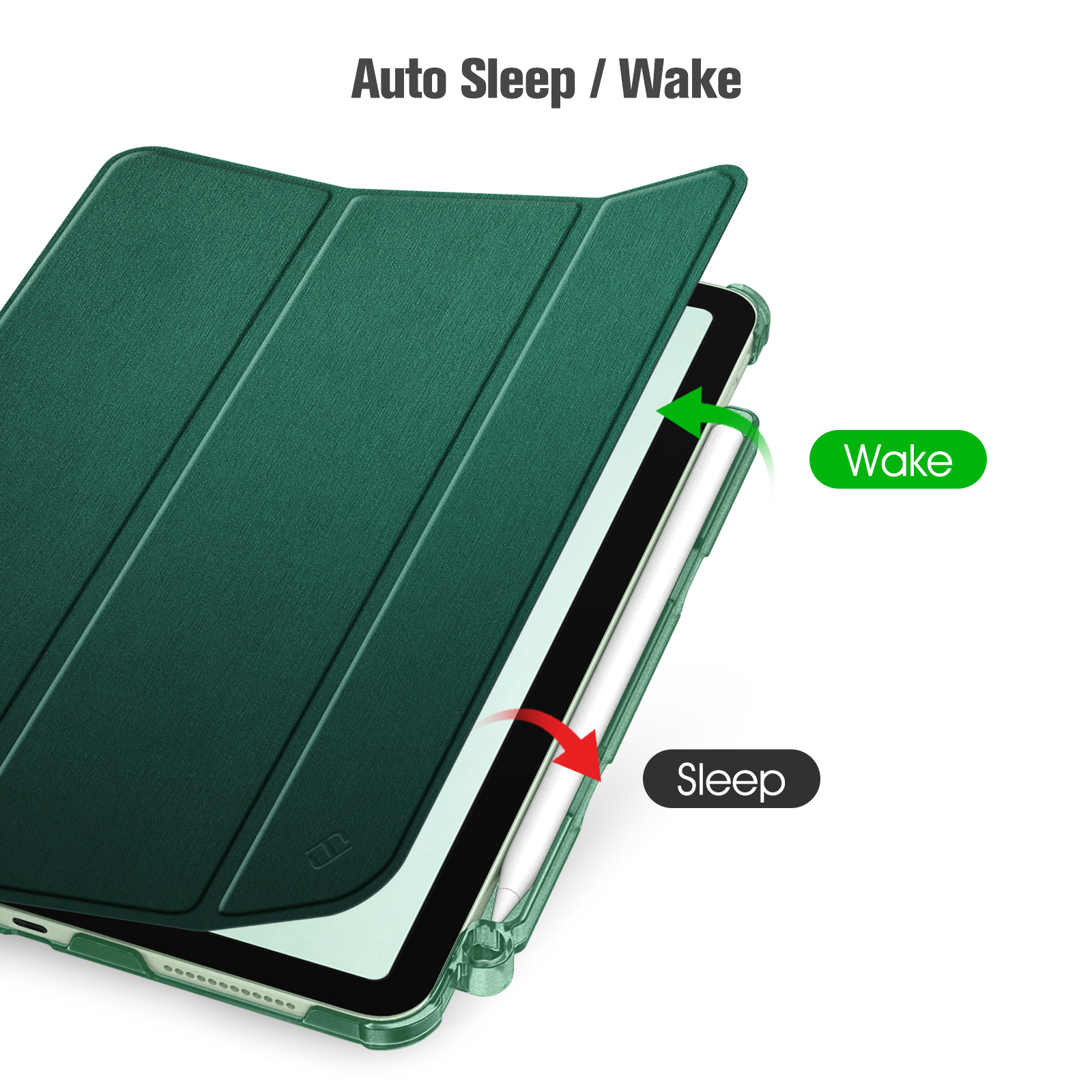 Ein iPad in einem grünen Gehäuse. Pfeile zeigen Schlaf- und Weckfunktionen an. Text lautet 'Auto Sleep/Wake'.