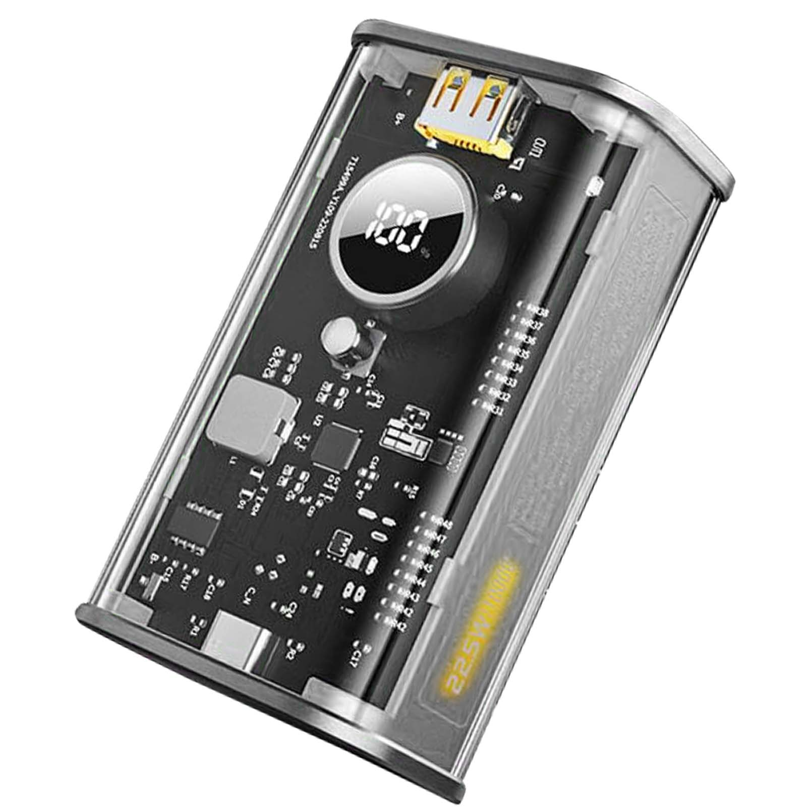 Un banco de energía transparente con placa de circuito interna negra, mostrando 100% de carga. Tiene un puerto USB y pantalla digital.