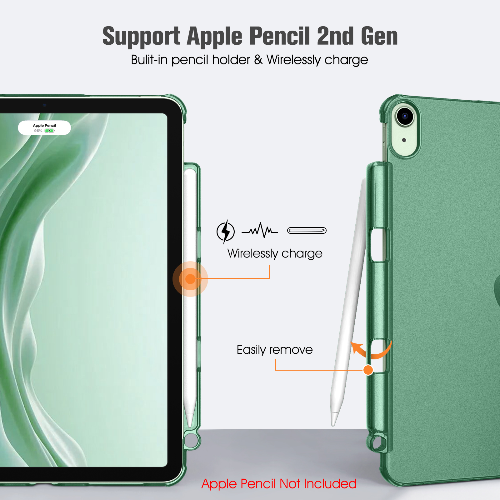 Ein iPad mit grünem Gehäuse wird mit einem Apple Pencil gezeigt. Text sagt, dass es kabelloses Laden und einfaches Entfernen unterstützt.