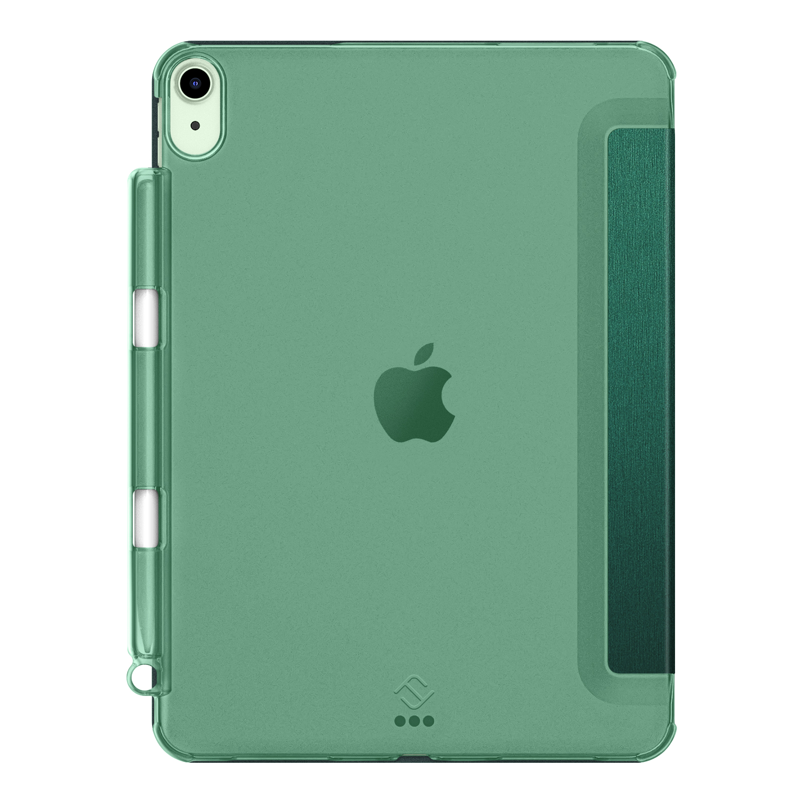 Grünes iPad in einer Hülle mit Stifthalter. Apple-Logo sichtbar. Hülle hat eine dunkelgrüne Abdeckung auf der rechten Seite.