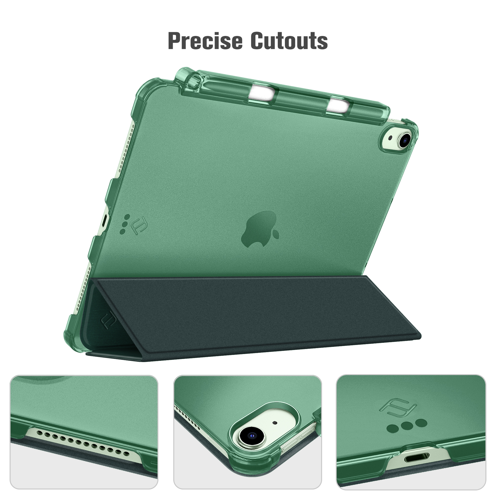 Grüne iPad-Hülle mit präzisen Aussparungen. Enthält einen Ständer, Apple-Logo und Details des Hüllendesigns. Klarsichtkunststoff.