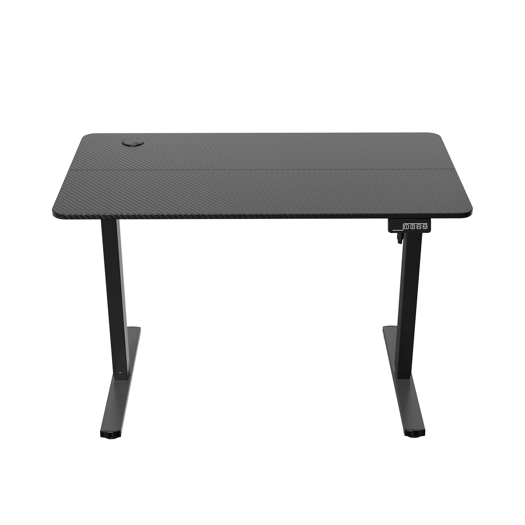 Un escritorio negro con superficie texturizada. Tiene dos patas y un panel de control. Aislado sobre blanco.