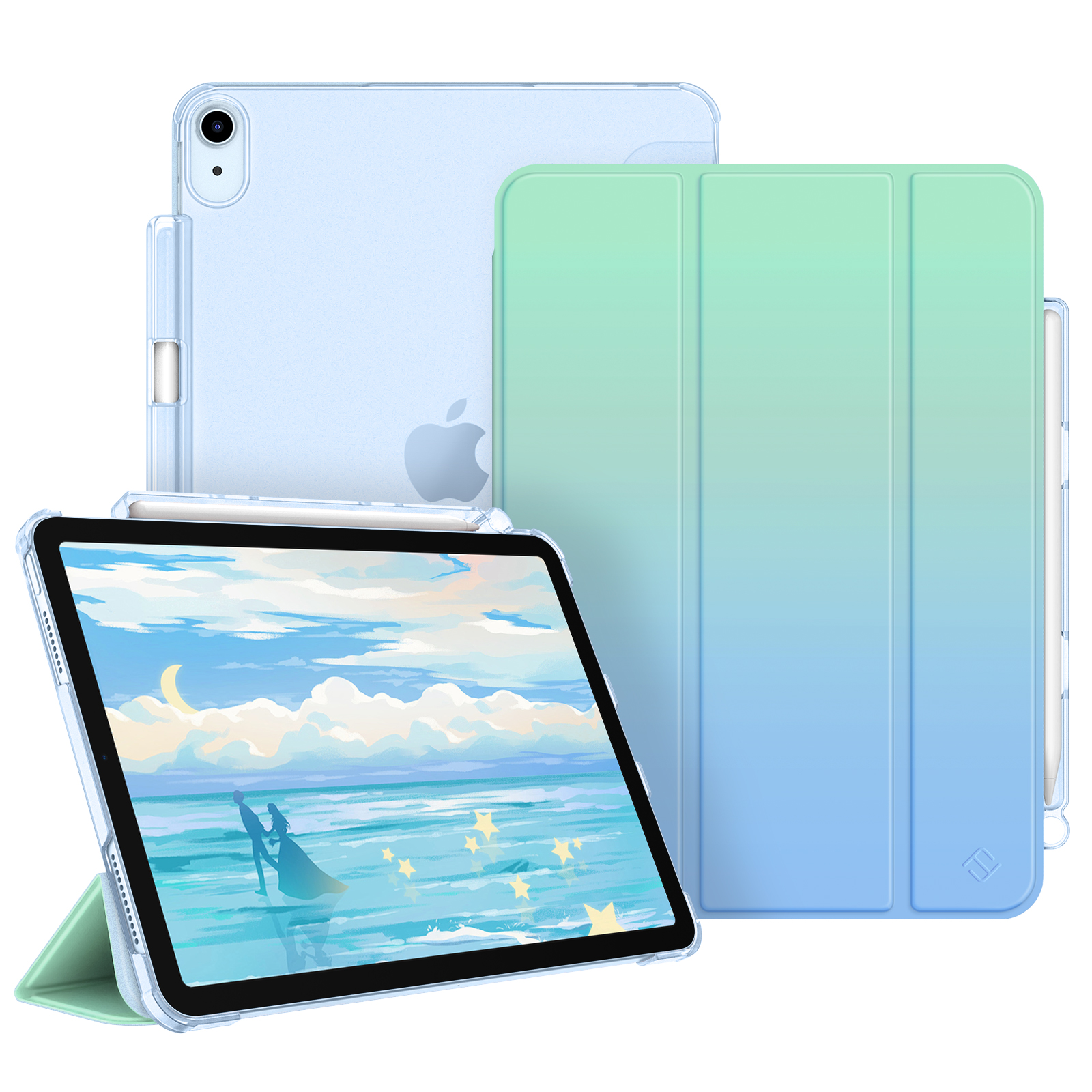 Tablets mit Hüllen. Eines zeigt eine Strandszene. Blau, grün und weiß. Hellblaues iPad mit Stift.